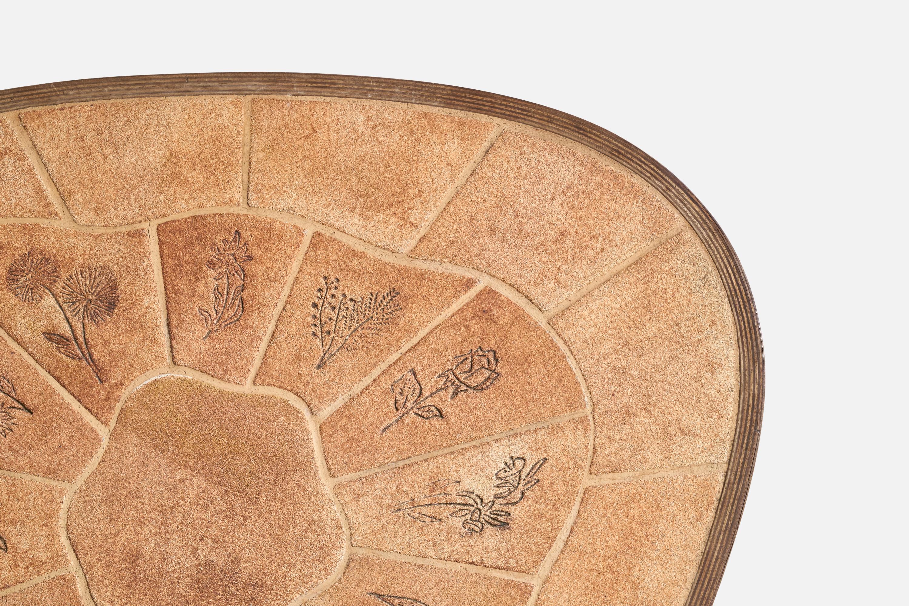 Céramique Table basse Barrois Vallouris, chêne, céramique, France, années 1960