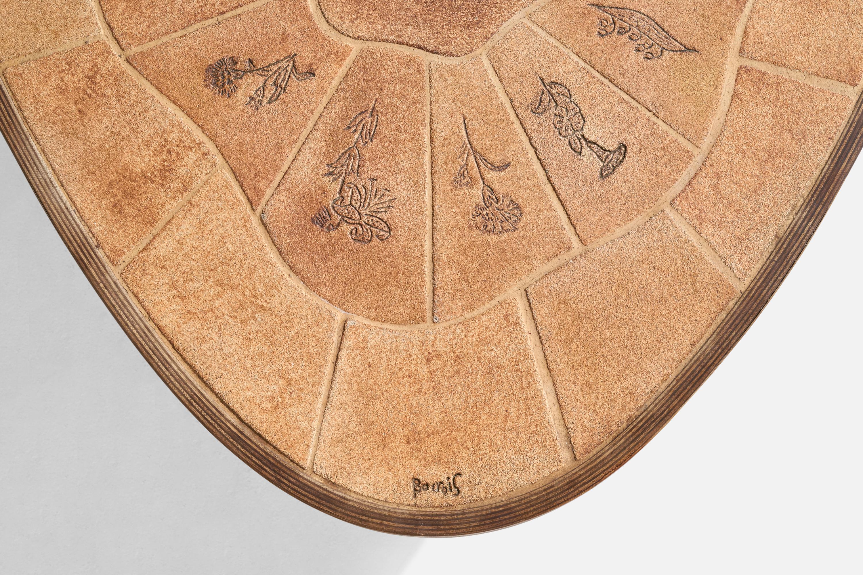 Table basse Barrois Vallouris, chêne, céramique, France, années 1960 1