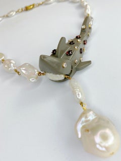 Barroque pearl, crystal, gemstone and LEGO shark necklace by Sebastian Jaramillo