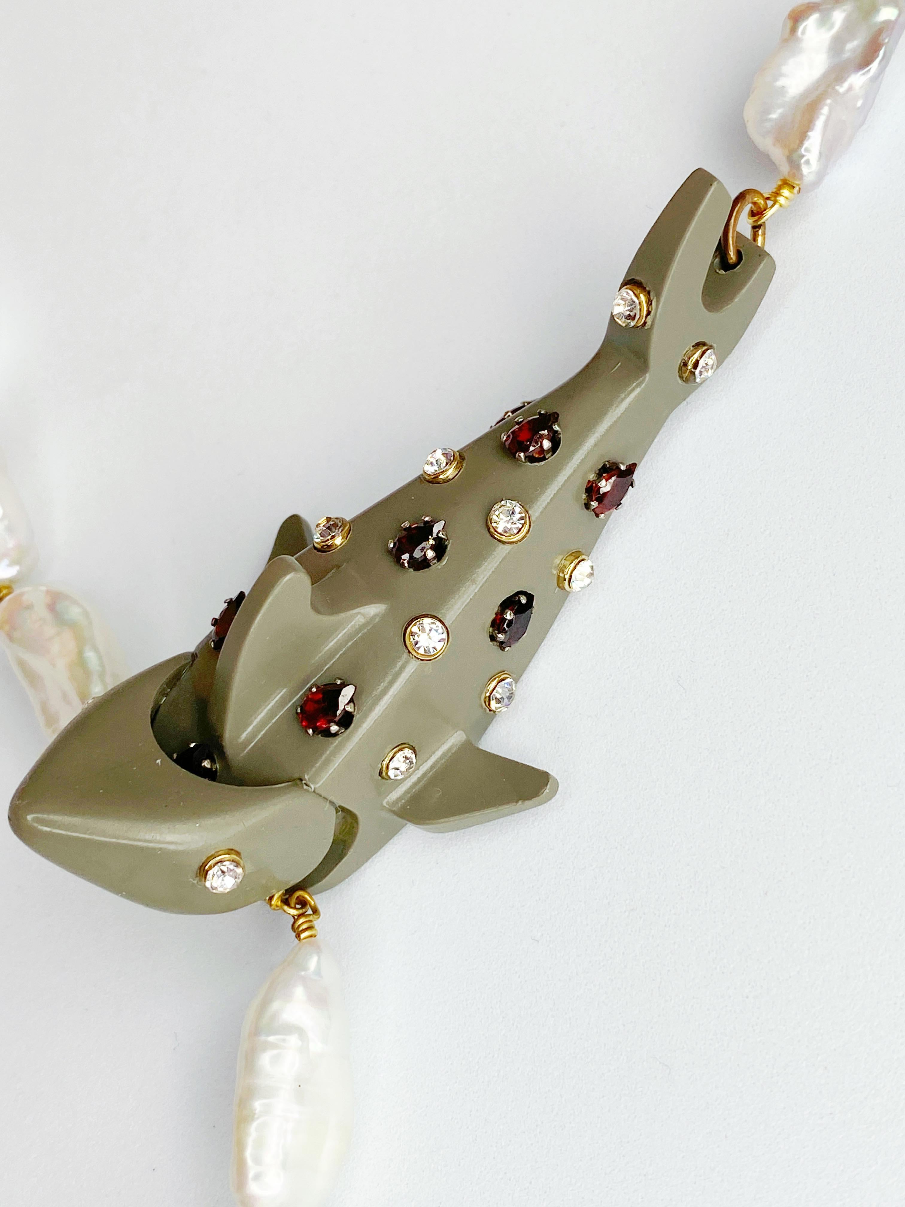 Contemporary Barroque pearl, crystal, gemstone and LEGO shark necklace by Sebastian Jaramillo For Sale