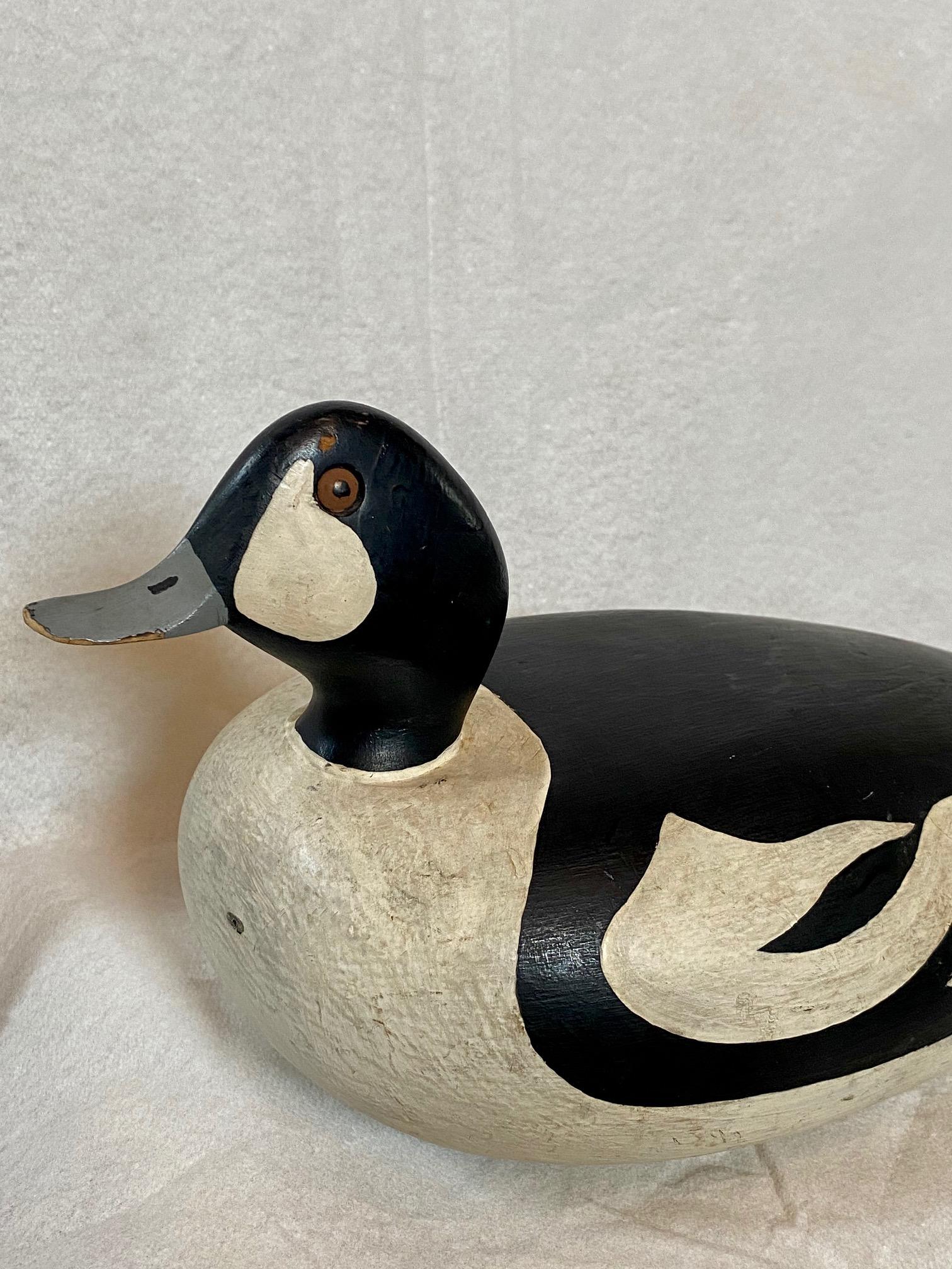 Scarce vintage Barrow's Goldeneye Drake Decoy, signed RAS '76. The Barrow's Goldeneye is a very unusual, rare species to see as a decoy. This is a real gunning decoy made in the Massachusetts or Maine style, and was purportedly made in Maine