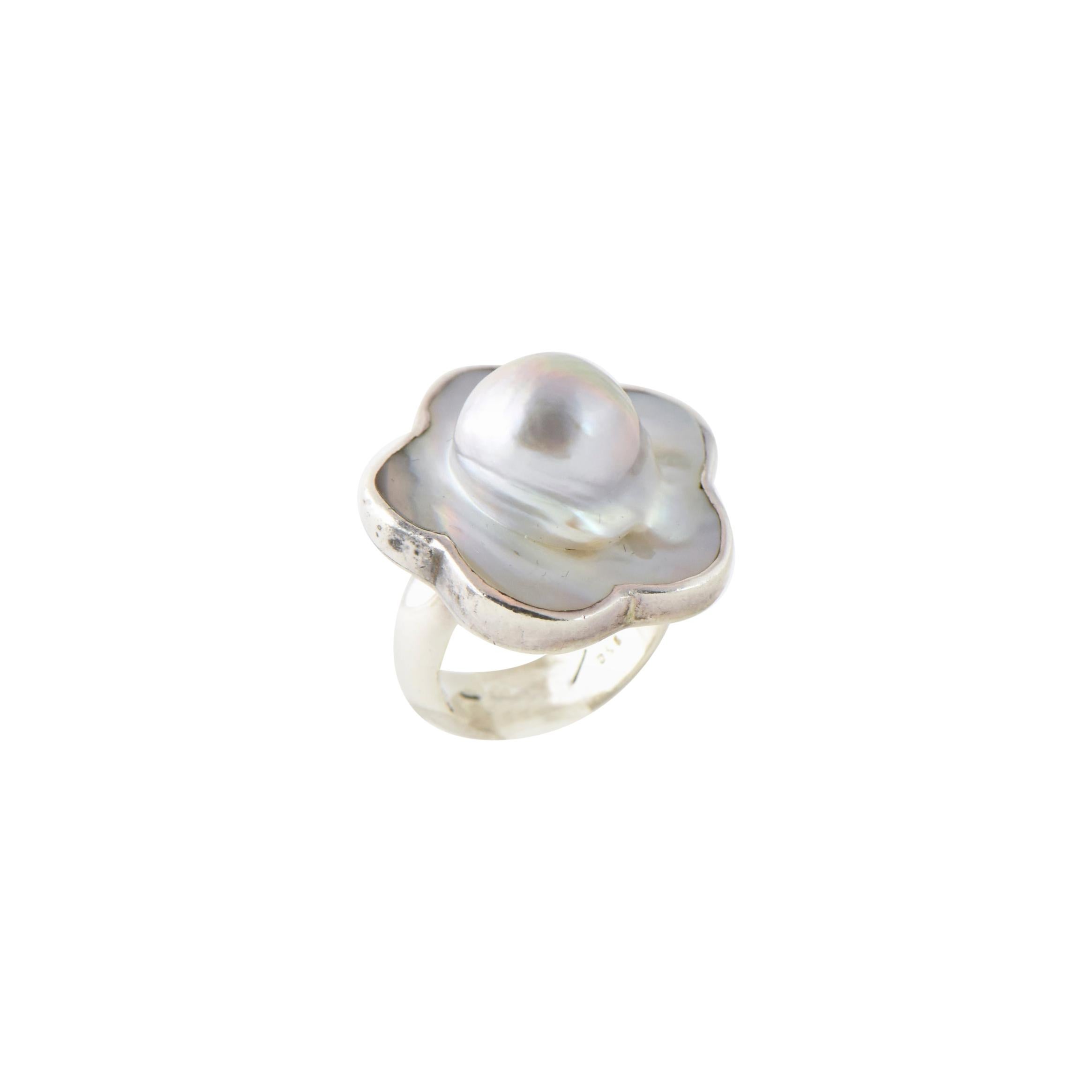 Barry Brinker Blister Pearl Flower Sterling Silver Ring For Sale