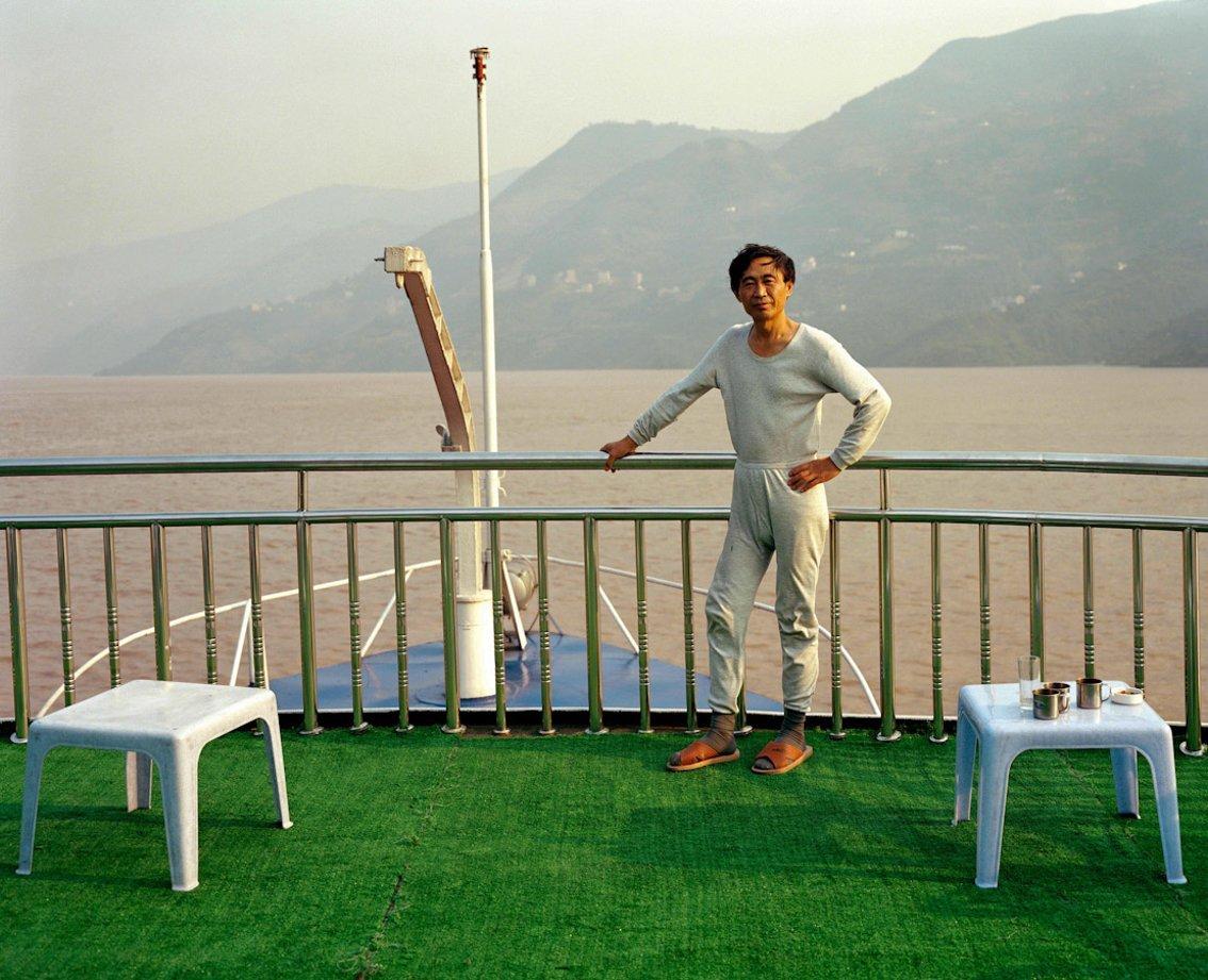 Ferry passenger taking the air in his thermal underwear on the deck of a ferry heading up the Yangste River
–
Cawston won the BJP Nikon Endframe Award in 2009. His prize was funding for a dream project and he chose to travel the length of the