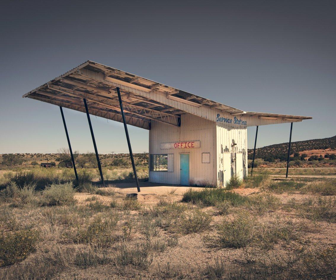 About to take flight…  an abandoned service station office on a highway in the American West
–
Cawston’s eye for colour, structure and the beauty of the mundane finds a world-in-waiting as he journeys across the American West.
“The greatest part of
