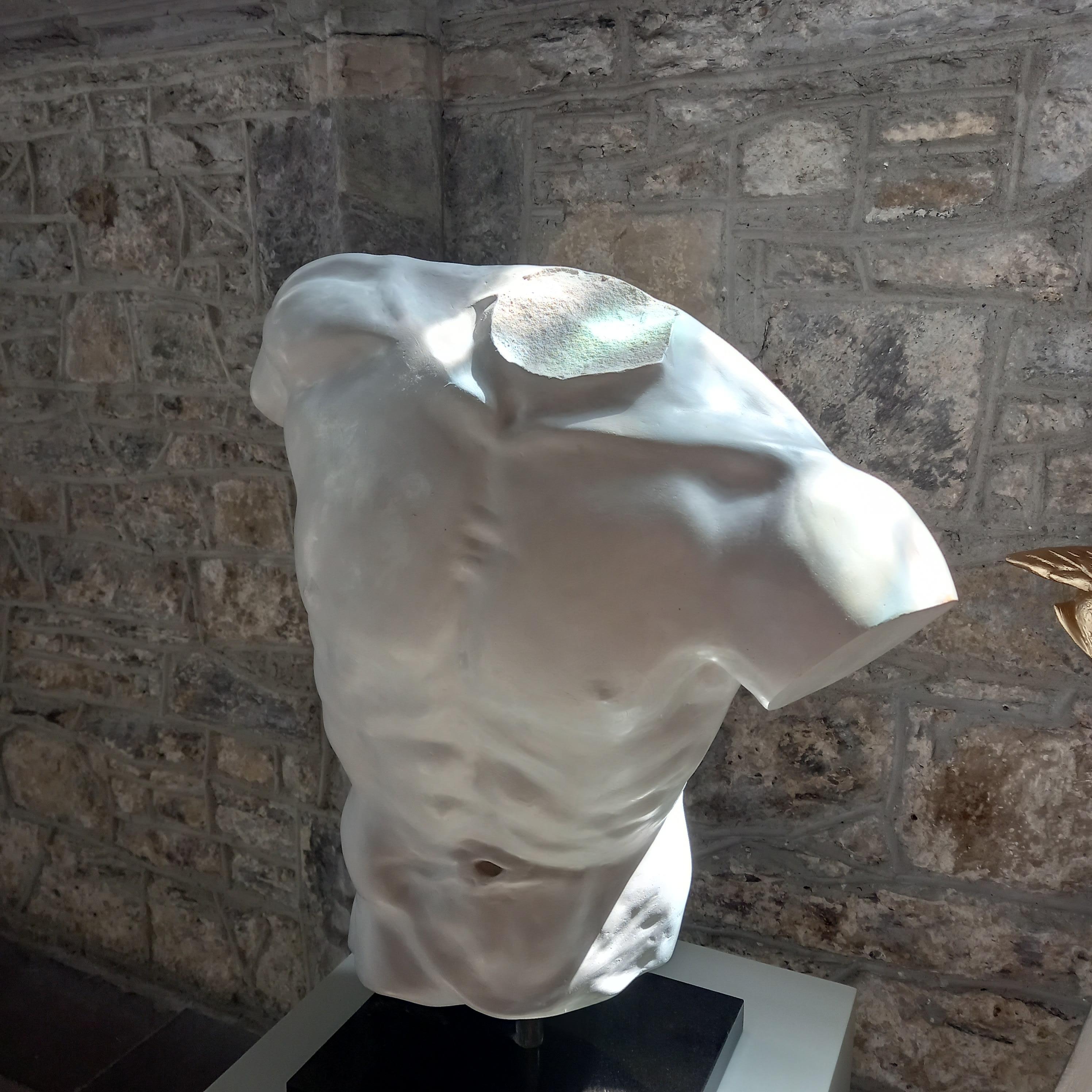 This artwork emulates the classical statues from the ancient world, particularly with the head broken off at the base of the neck if carved in marble. In fact I went to the lengths of making a silicone rubber mould of broken Carrara marble then