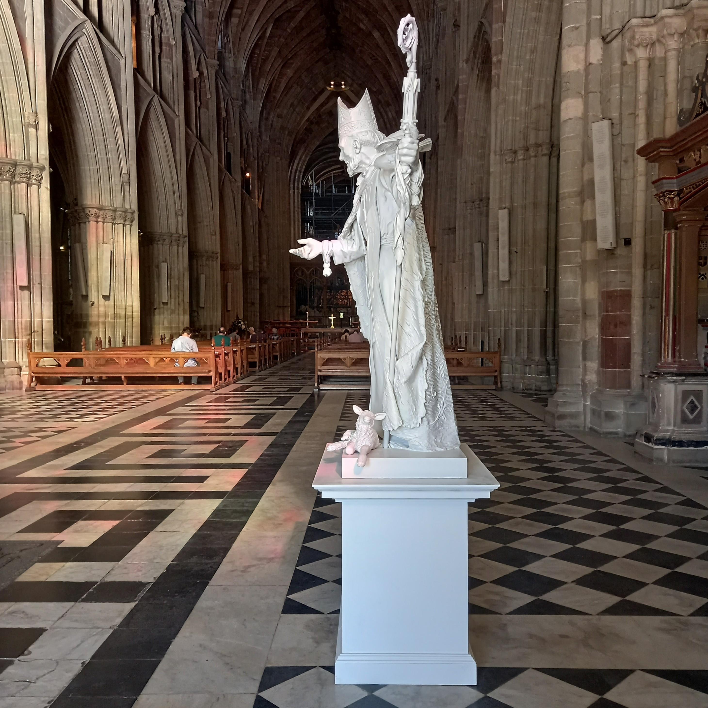 This statue of Saint David, the Patron Saint of Wales stands 150cm high and is depicted with historical accuracy. Davies created this statue following extensive and thorough research into the life of the 6th Century Saint. Every element depicted