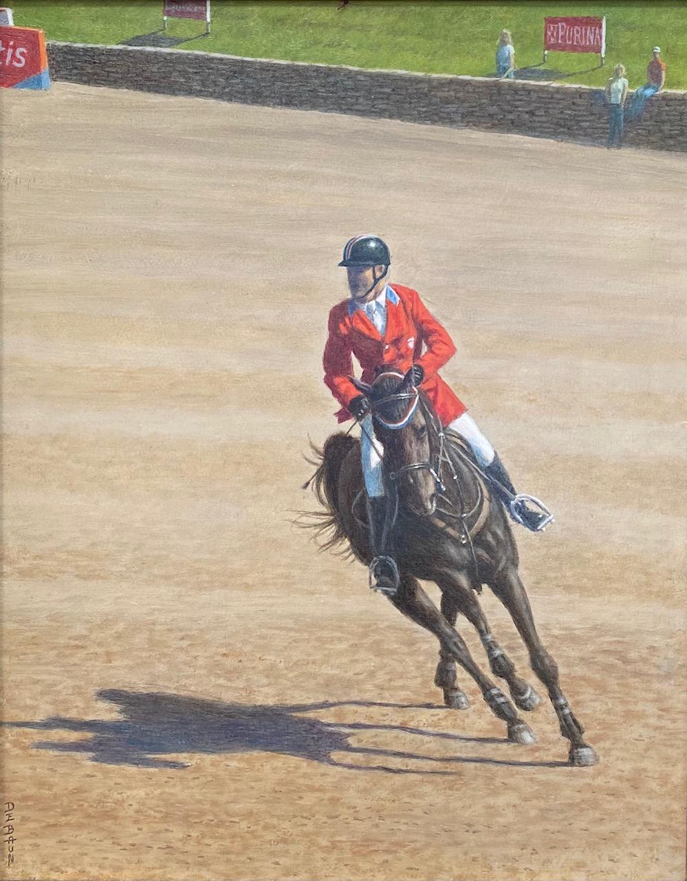 Cornering the Course, original realistic equestrian landscape - Painting by Barry DeBaun