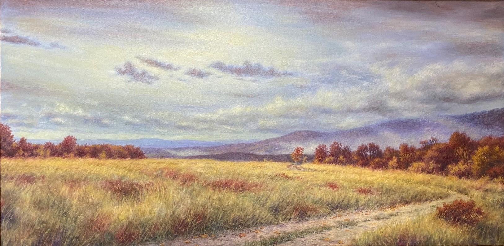 Fields of Gold, original 24x48 contemporary impressionist autumn landscape - Painting by Barry DeBaun