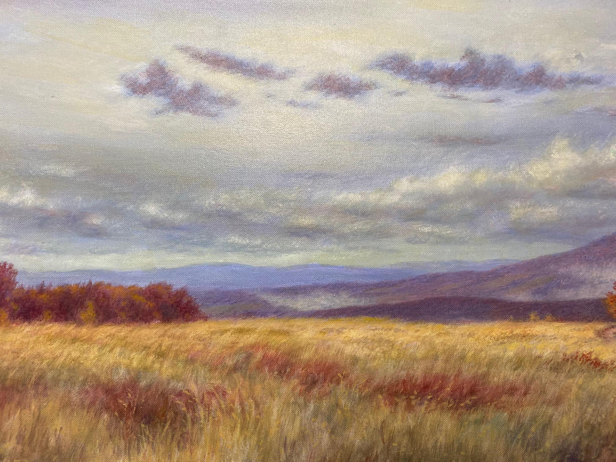 Fields of Gold, original 24x48 paysage d'automne impressionniste contemporain - Marron Landscape Painting par Barry DeBaun