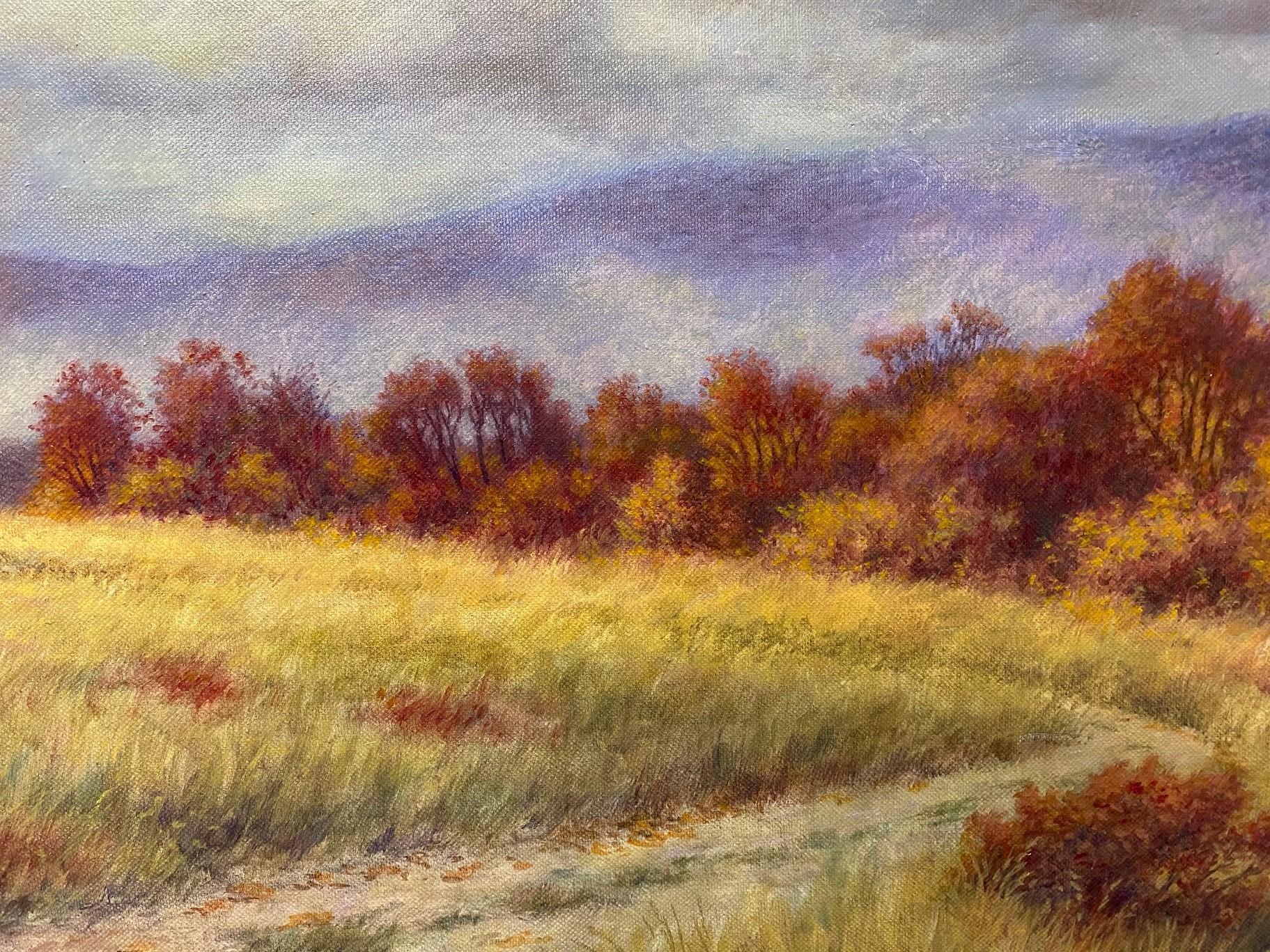 Fields of Gold, original 24x48 contemporary impressionist autumn landscape - Brown Landscape Painting by Barry DeBaun