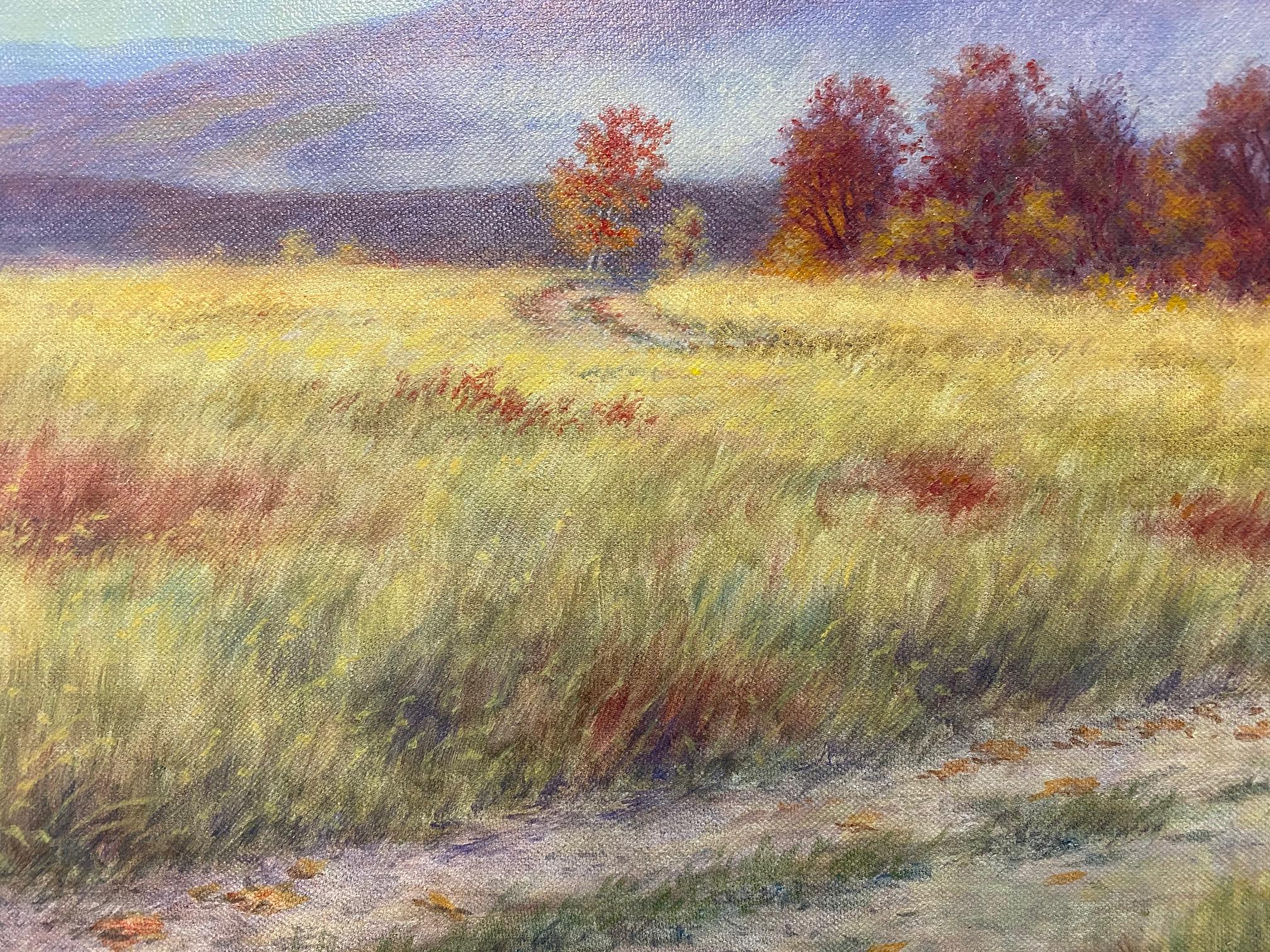 There are fields of gold where fanciful rolling hills abound, and mystical clouds carry you off into dreams where the twilight twinkles!  This contemporary impressionist autumn landscape is reminiscent of a magic carpet ride empowered with the sheer