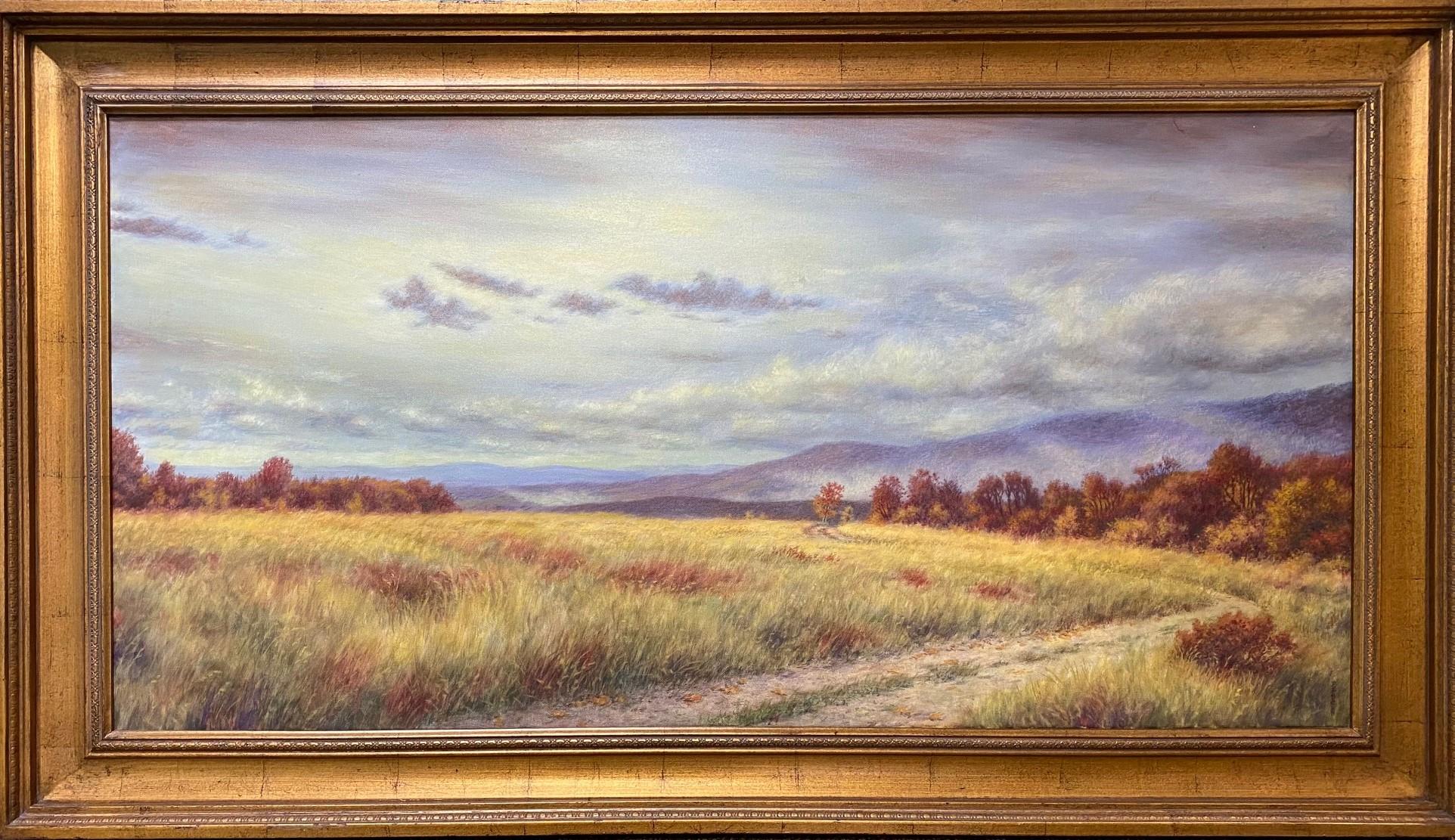 Landscape Painting de Barry DeBaun - Campos de oro, original 24x48 paisaje otoñal impresionista contemporáneo