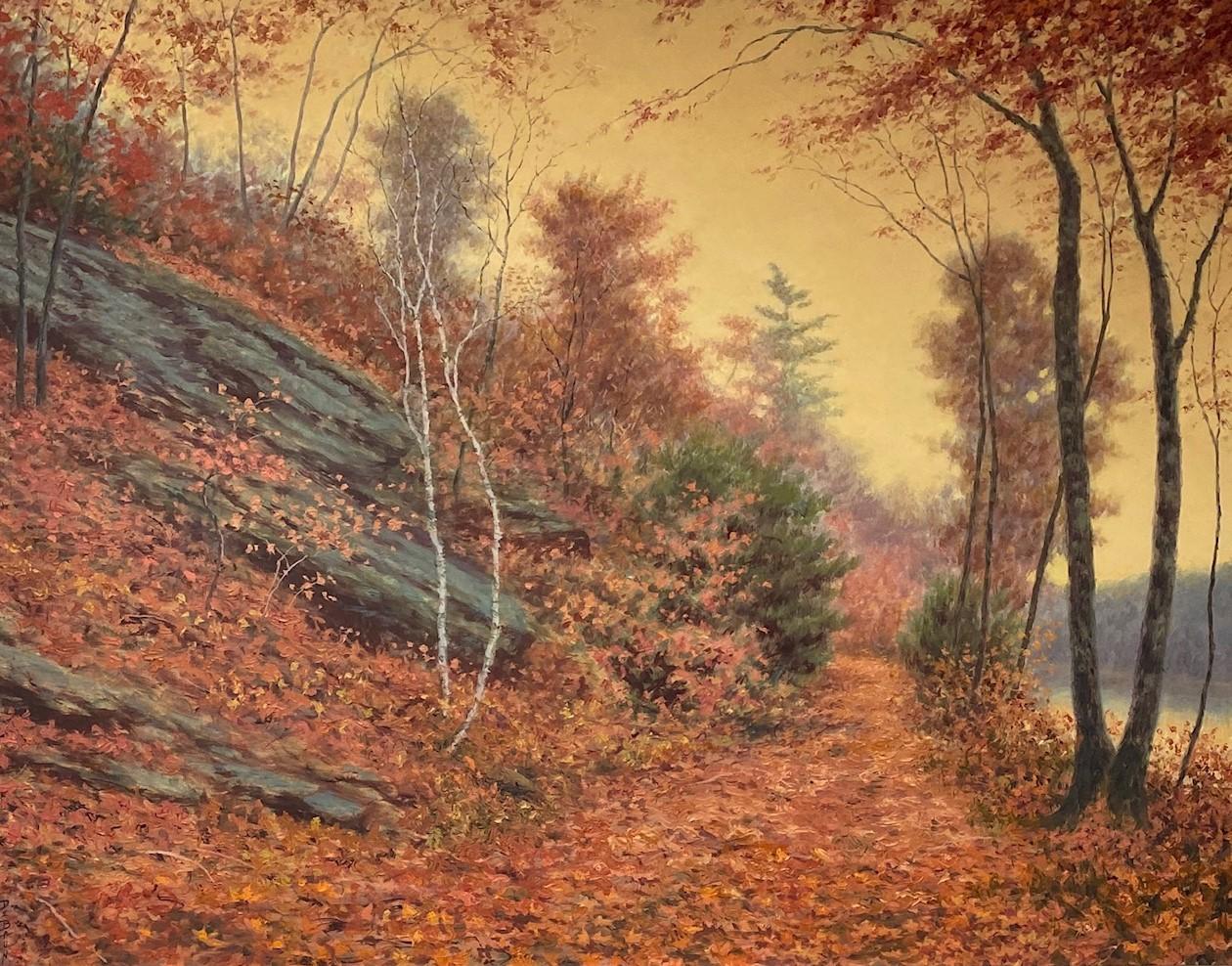 In the Still of Autumn, paesaggio autunnale realistico originale 36x48 - Landscape Painting Marrone di Barry DeBaun