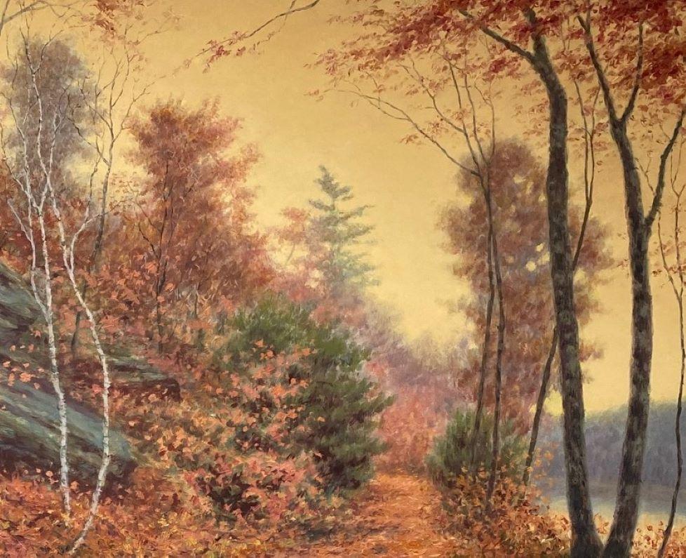 Questo paesaggio originale di un classico autunno del nord-est cattura la sensazione di immobilità  e la pace della stagione.  L'artista newyorkese Barry DeBaun ha utilizzato tratti puliti e colori personalizzati per accentuare le sensazioni dolci e