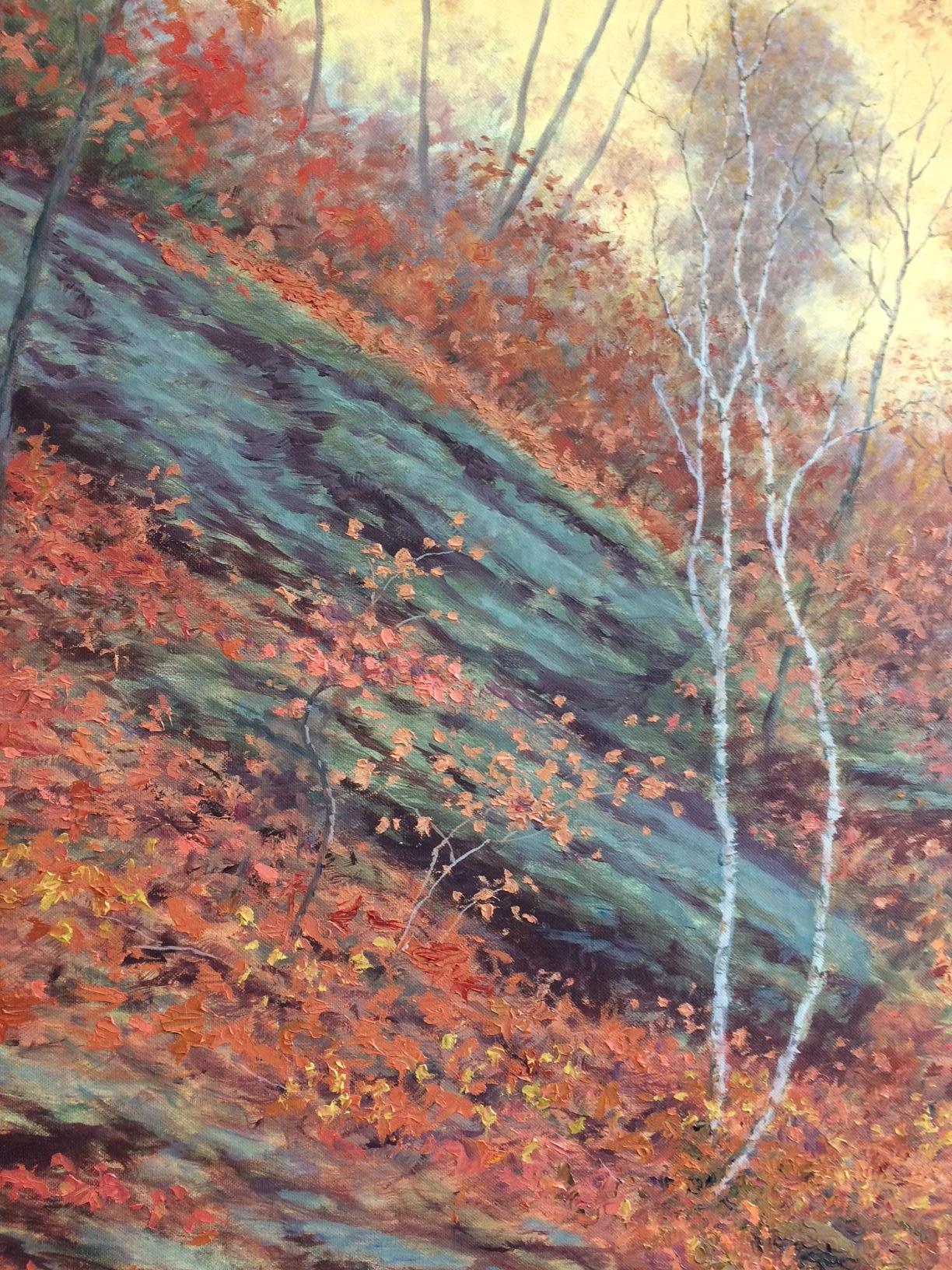 In the Still of Autumn, original 36x48 realistic autumn landscape - Brown Landscape Painting by Barry DeBaun