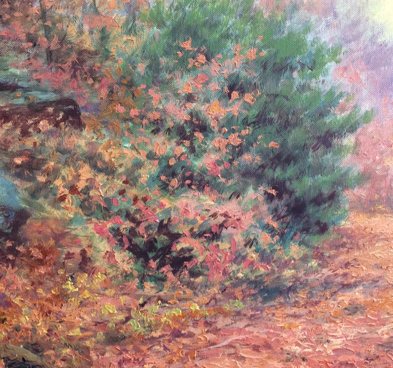 This original landscape of a classic northeast autumn captures the still feeling  and quiet peace of the season.  New York artist Barry DeBaun has used clean strokes and custom colors to accentuate the gentle, warm feelings and breathtaking fall