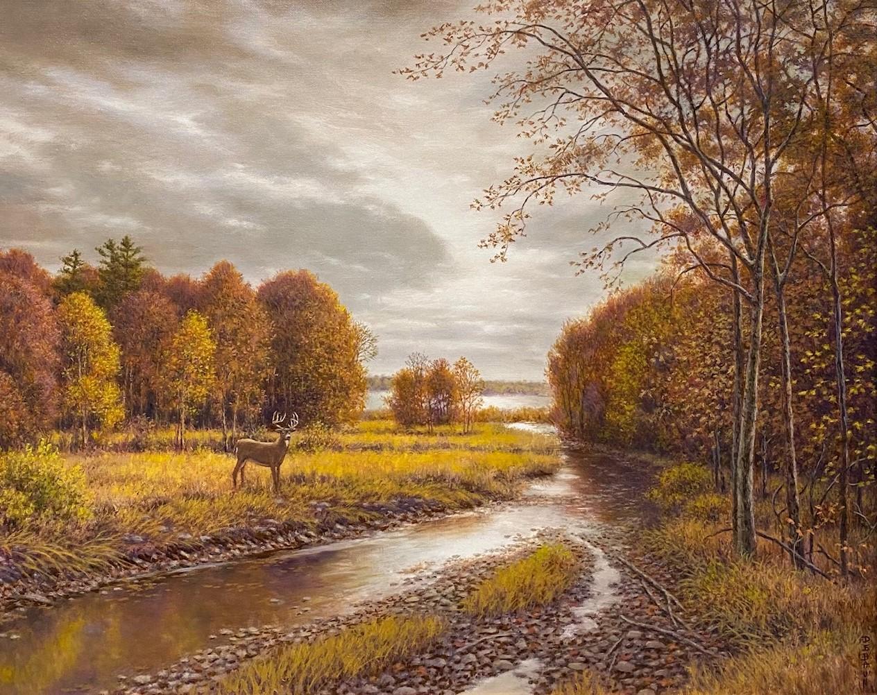Argent, or et rouille, paysage d'automne réaliste 24x30 de l'Hudson River - Painting de Barry DeBaun