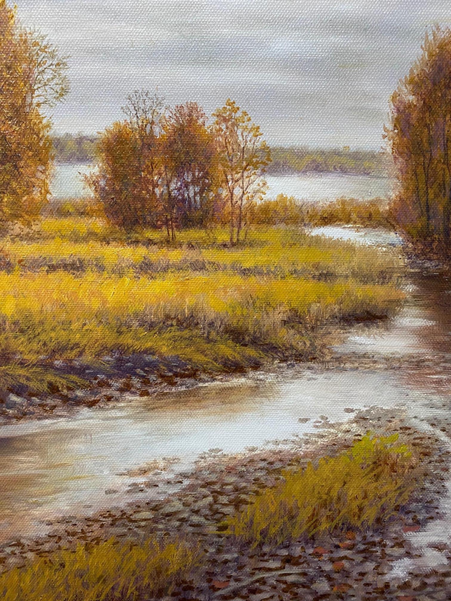 Argent, or et rouille, paysage d'automne réaliste 24x30 de l'Hudson River - Réalisme Painting par Barry DeBaun