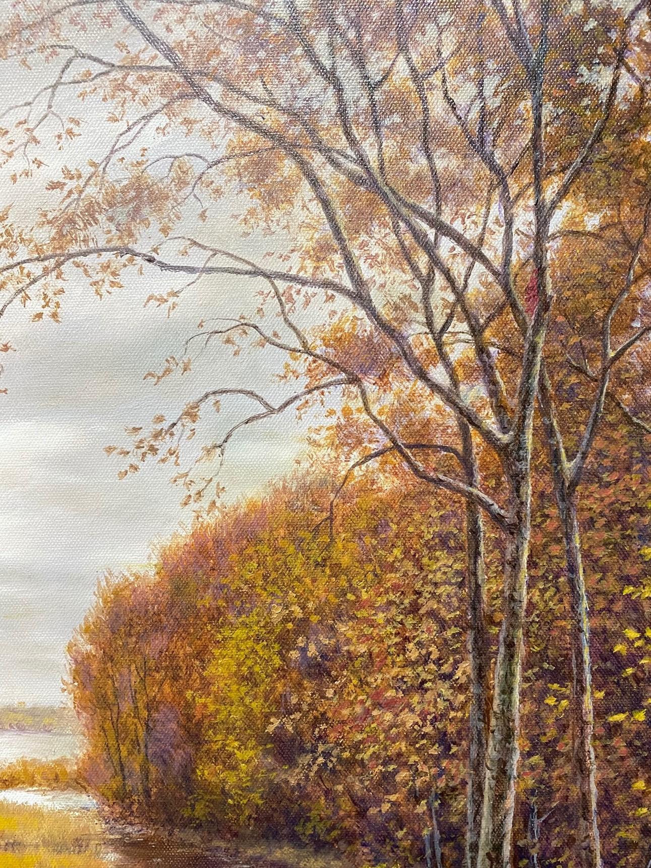 Silver, Gold and Rust, original 24x30 realistic Hudson River autumn landscape - Brown Landscape Painting by Barry DeBaun