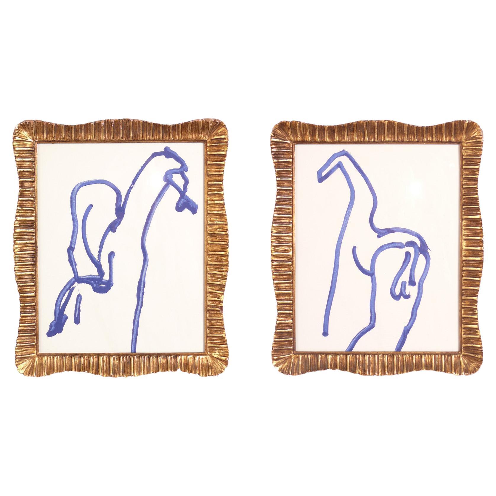 Barry Flanagan Blue Horses Lithographs in Gilt Italian Frames 
