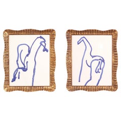 Barry Flanagan Blue Horses Lithographs in Gilt Italian Frames 