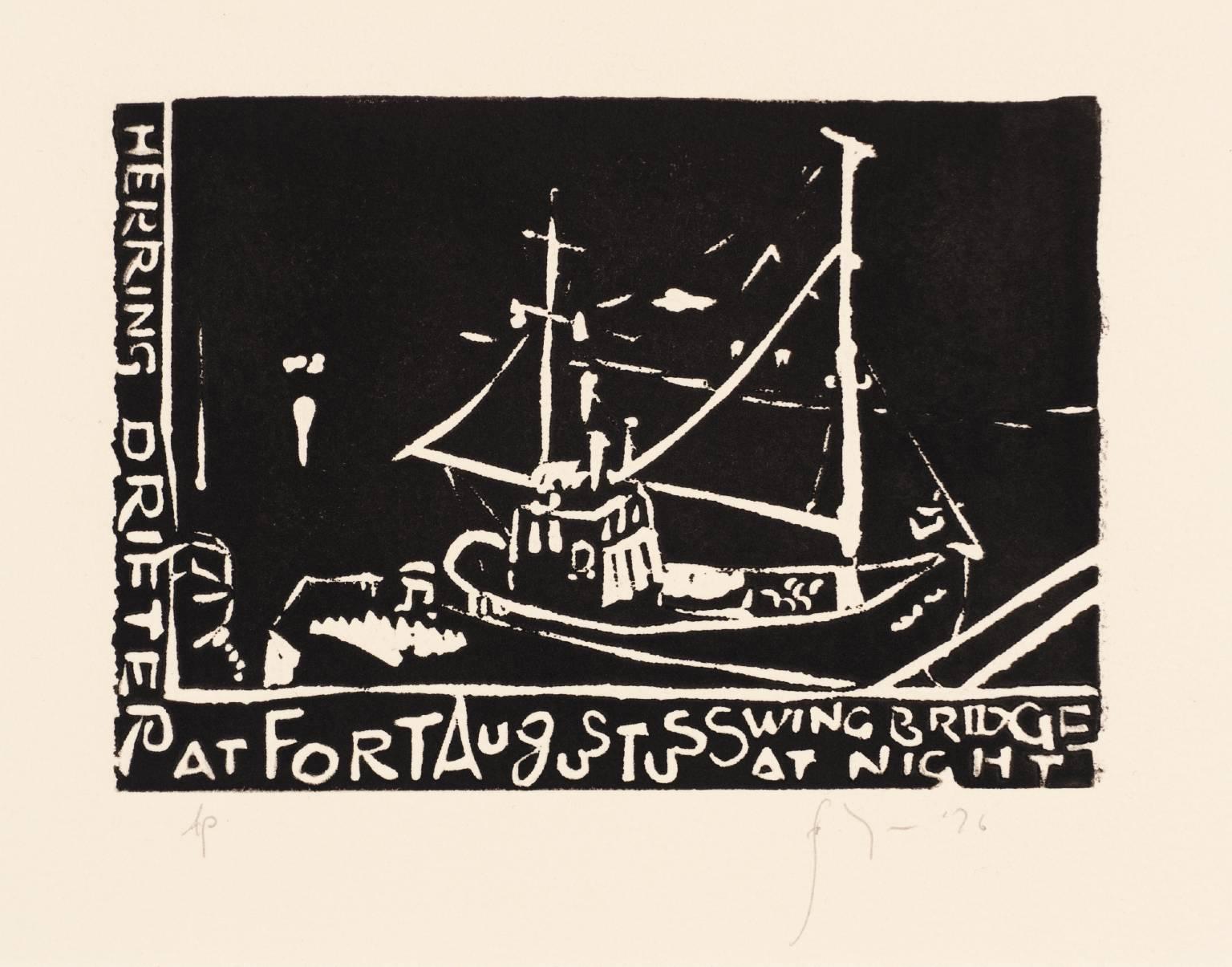Barry Flanagan Landscape Print – Herring Drifter in Fort Augustus