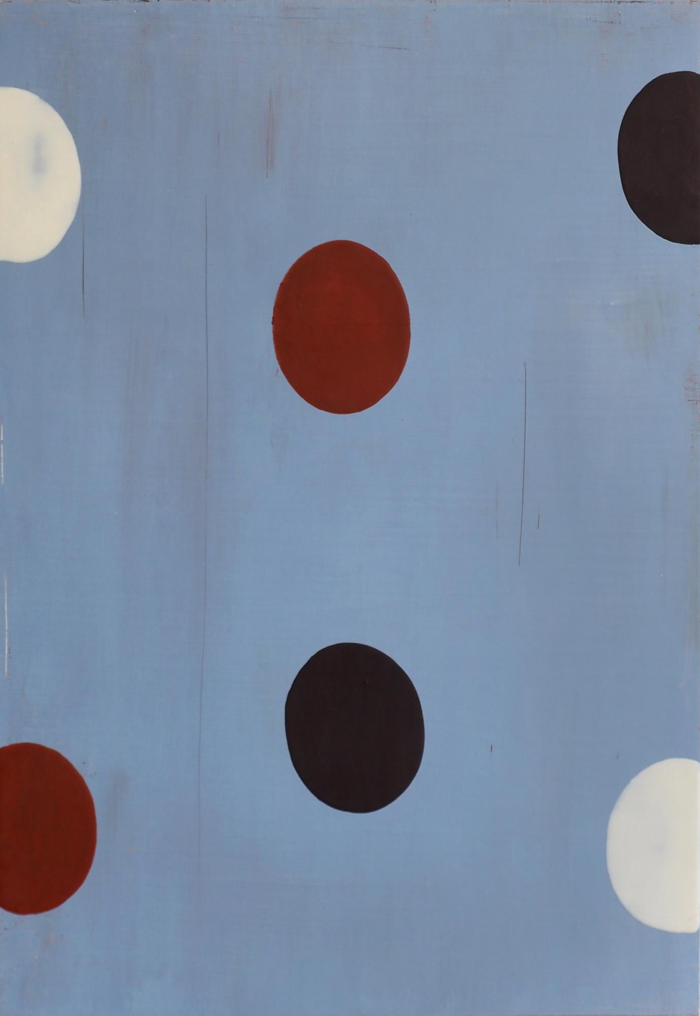 Beat Seats: geometric abstract painting; red, black, white circles on light blue - Painting by Barry Goldberg