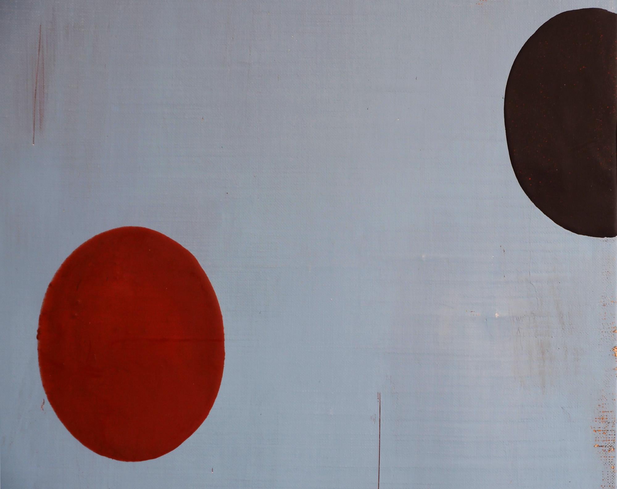 Beat Seats: geometric abstract painting; red, black, white circles on light blue - Abstract Painting by Barry Goldberg