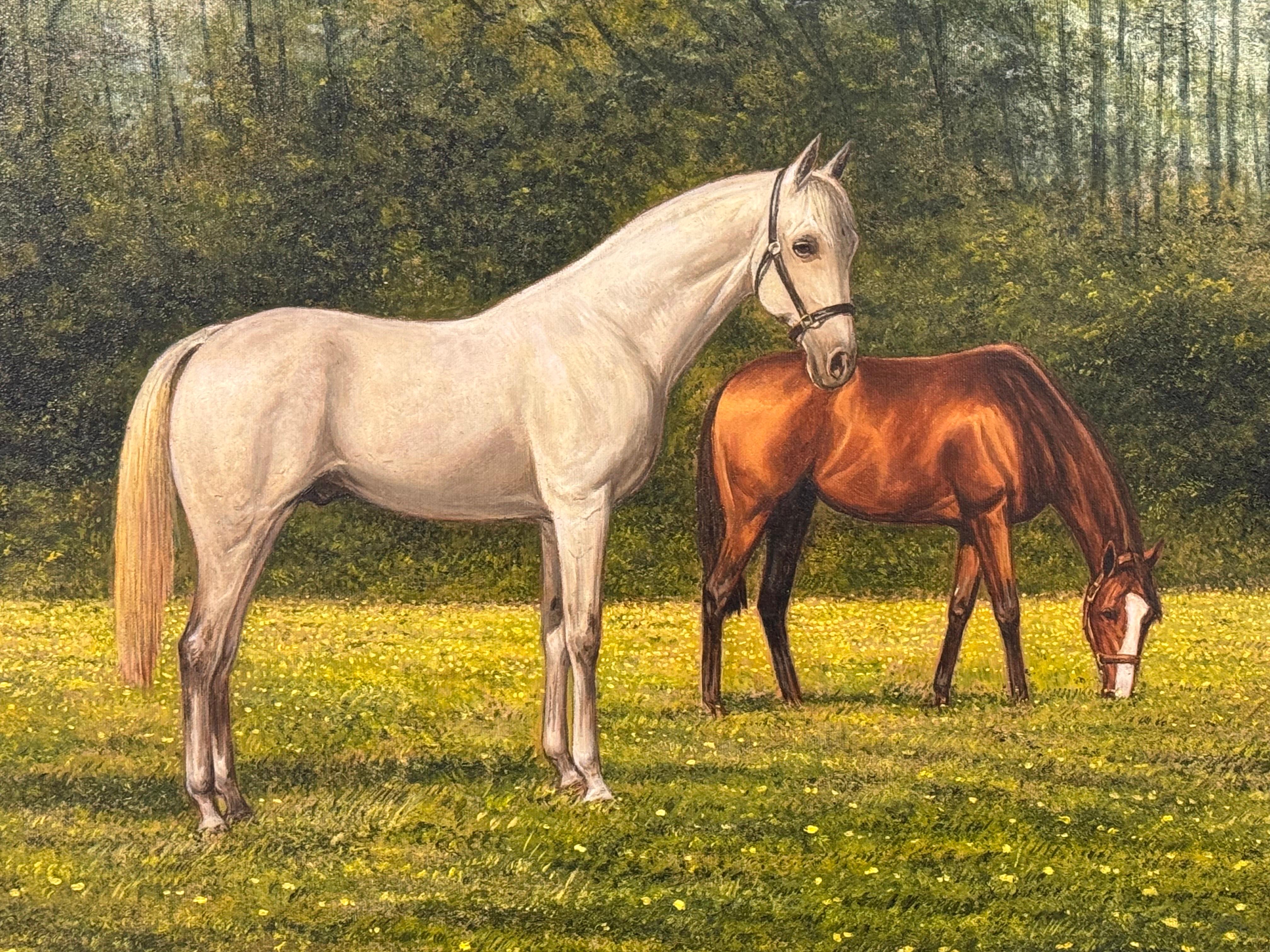 Painting of Chestnut & Grey Horses in a Field in England, British Equestrian Art 7