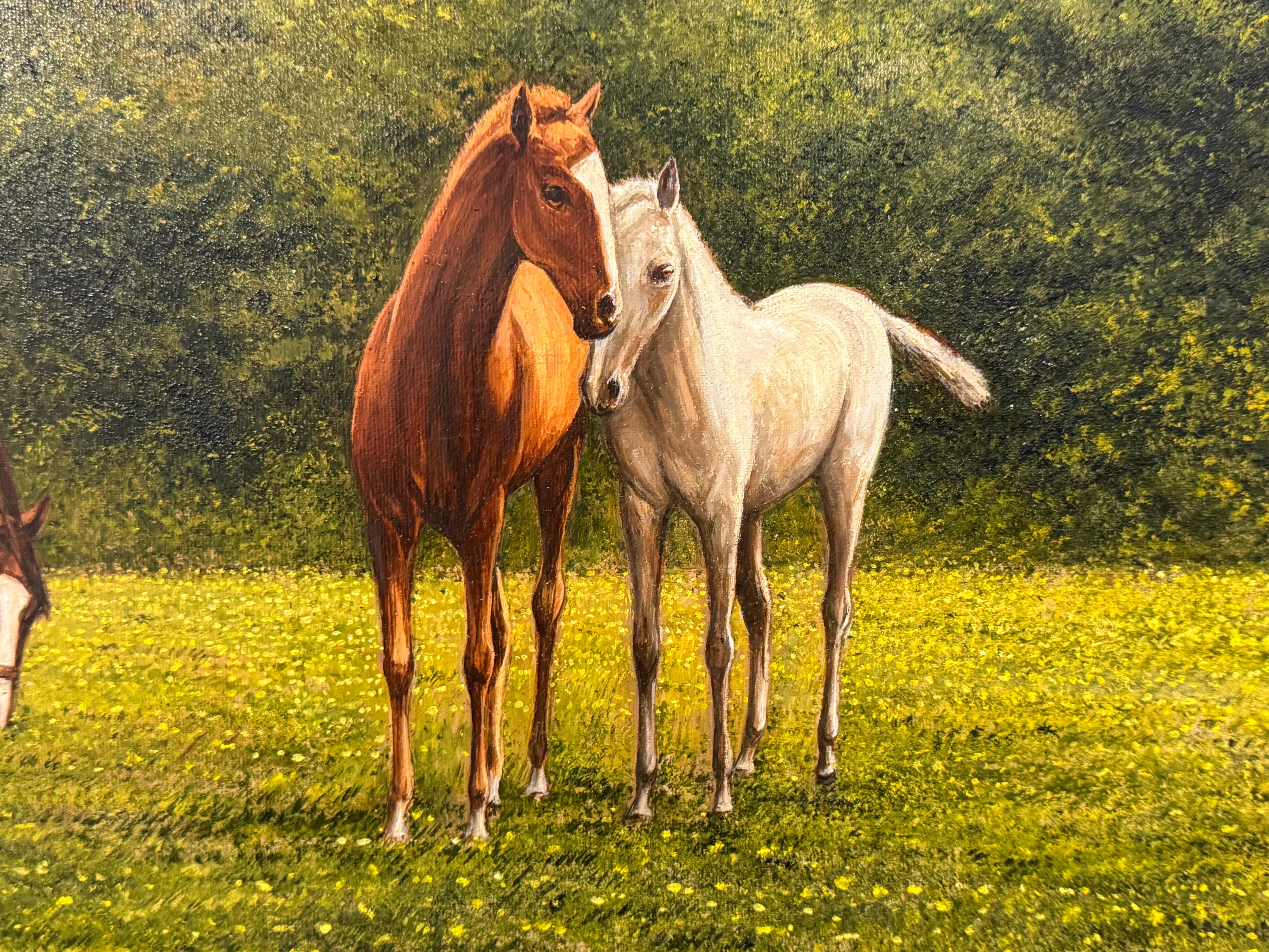 Painting of Chestnut & Grey Horses in a Field in England, British Equestrian Art 8