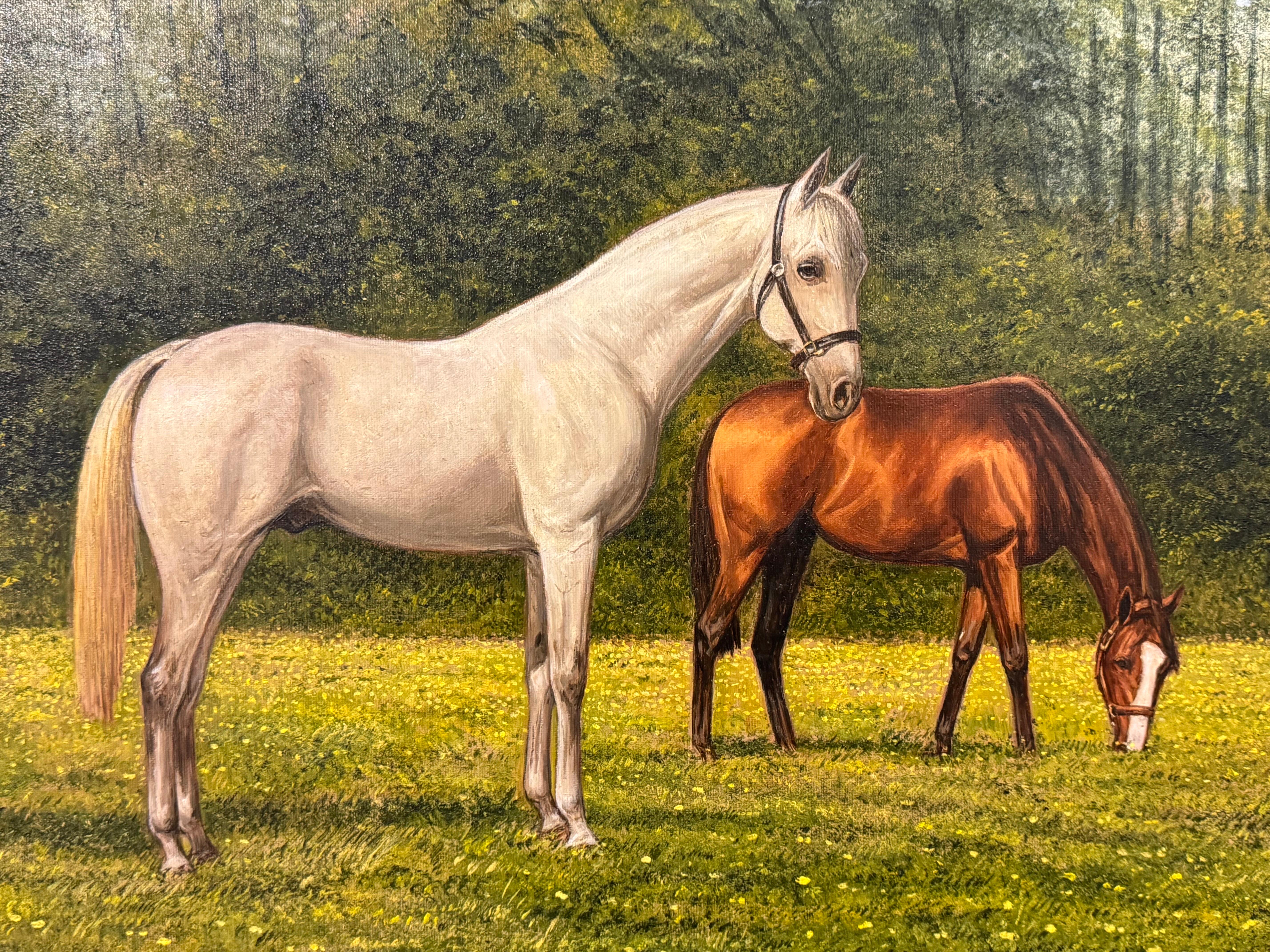 Painting of Chestnut & Grey Horses in a Field in England, British Equestrian Art 9