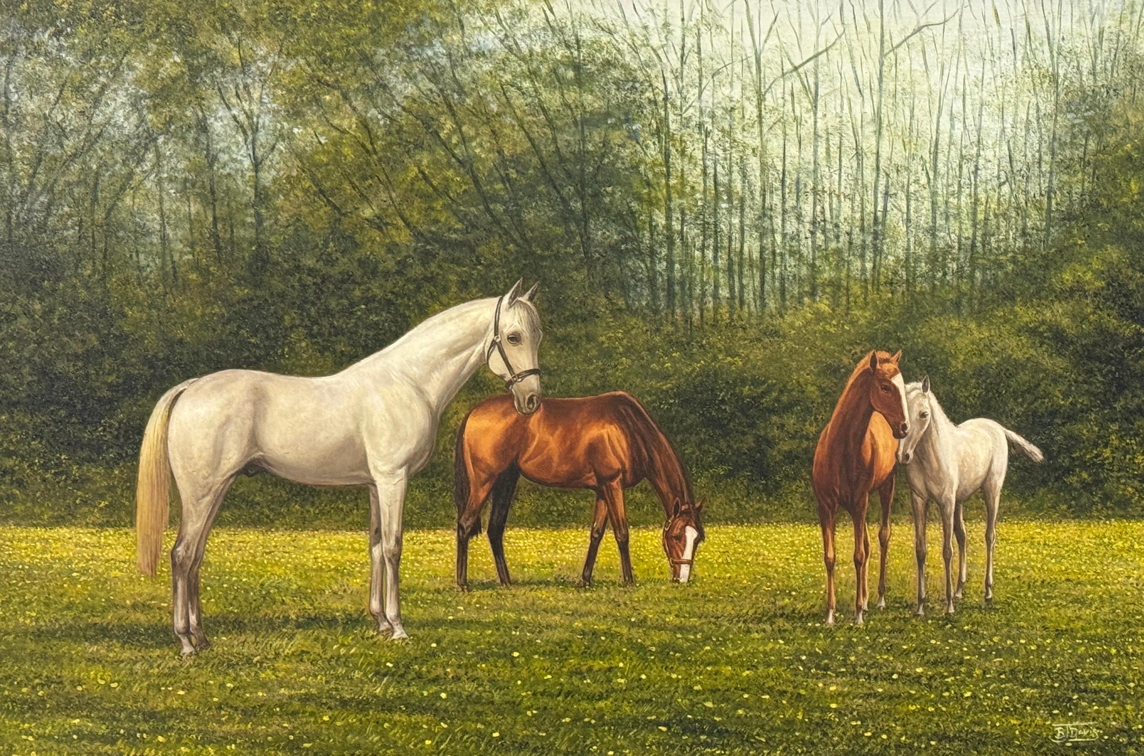 Painting of Chestnut & Grey Horses in a Field in England, British Equestrian Art - Brown Animal Painting by Barry J Davis