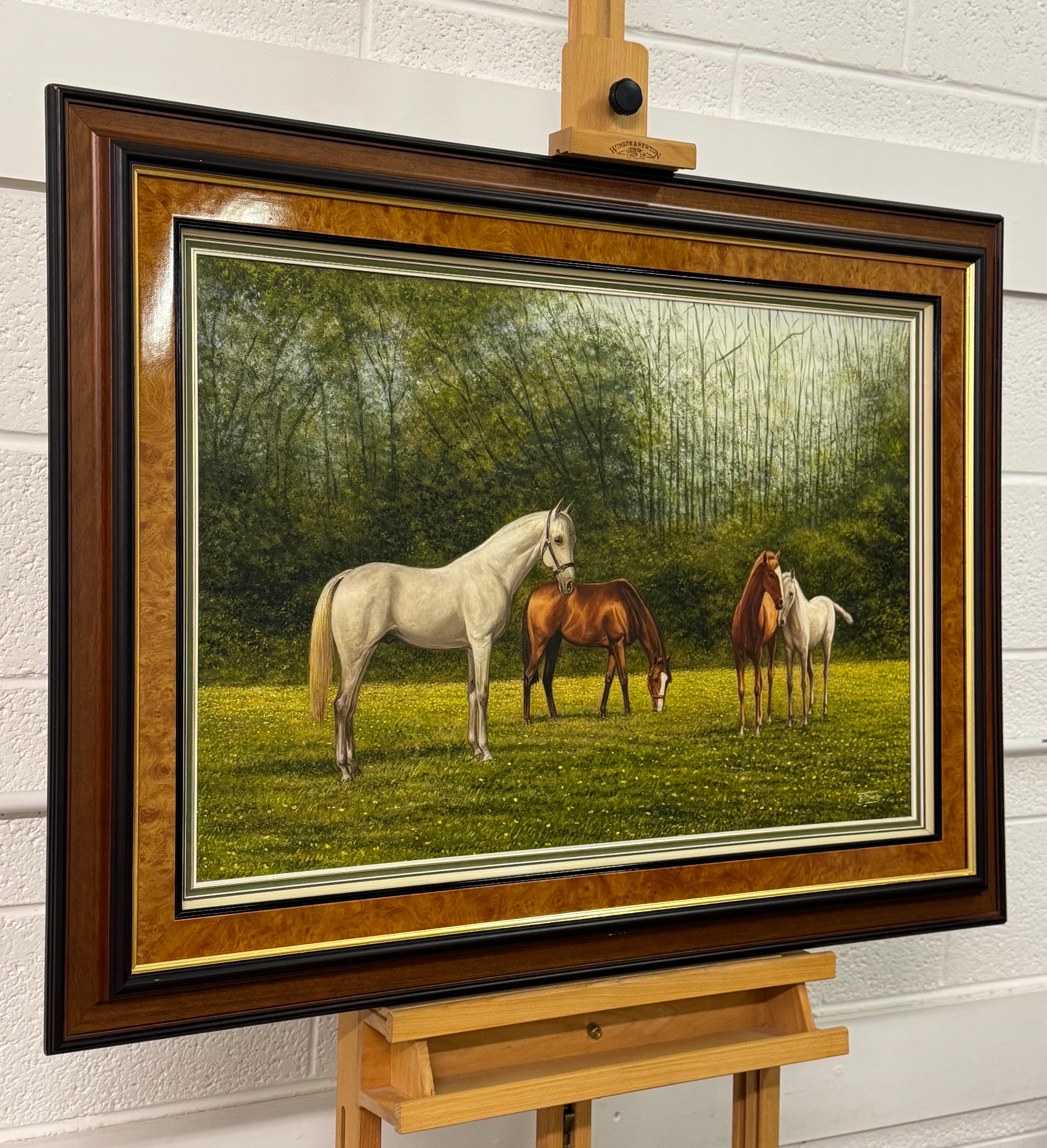 Painting of Chestnut & Grey Horses in a Field in England - Equestrian Art by British Artist, Barry J Davis. 

Art measures 30 x 20 inches 
Frame measures 39 x 29 inches 

This original oil painting presents a refined and tranquil scene of horses in