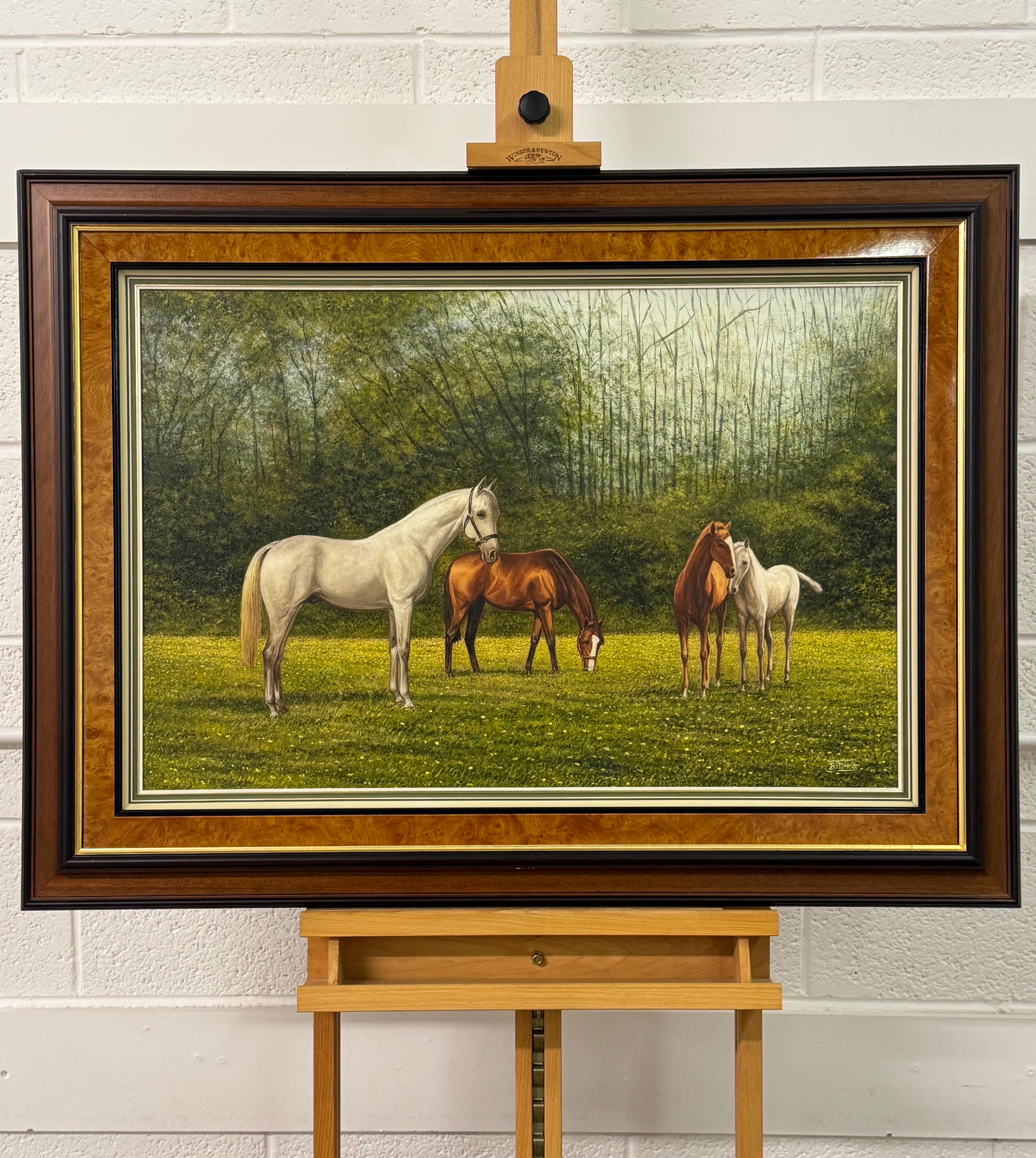 Painting of Chestnut & Grey Horses in a Field in England, British Equestrian Art 1