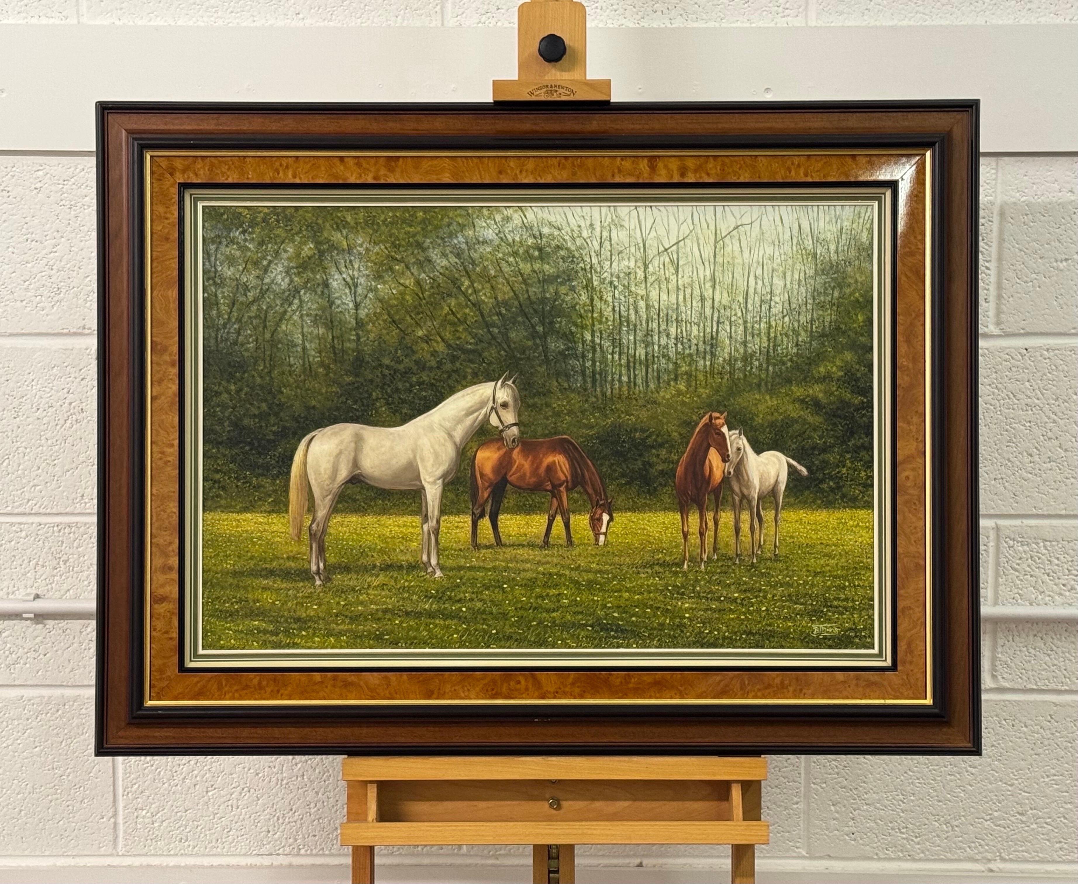Painting of Chestnut & Grey Horses in a Field in England, British Equestrian Art 2