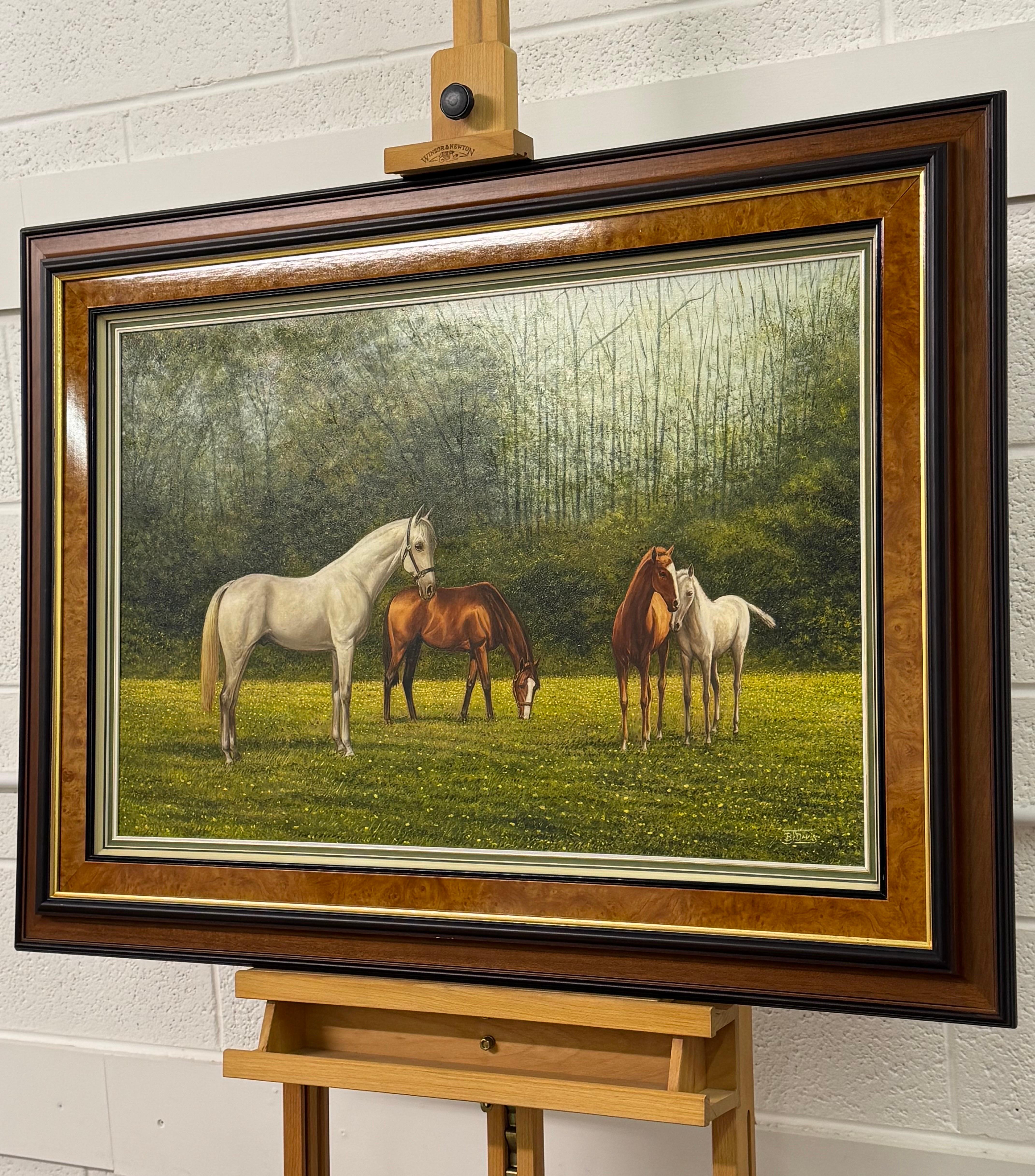 Painting of Chestnut & Grey Horses in a Field in England, British Equestrian Art 3