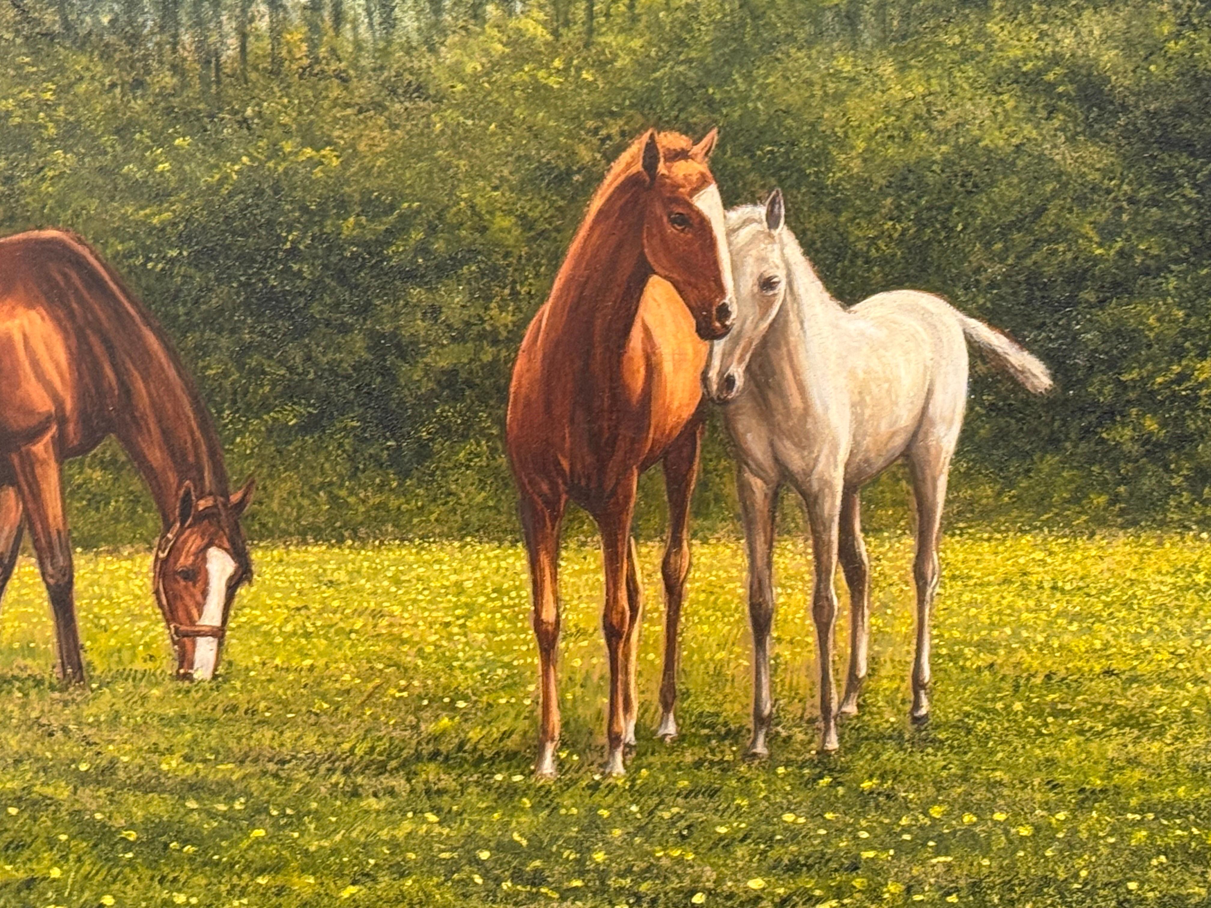 Painting of Chestnut & Grey Horses in a Field in England, British Equestrian Art 4