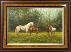 Painting of Chestnut & Grey Horses in a Field in England, British Equestrian Art