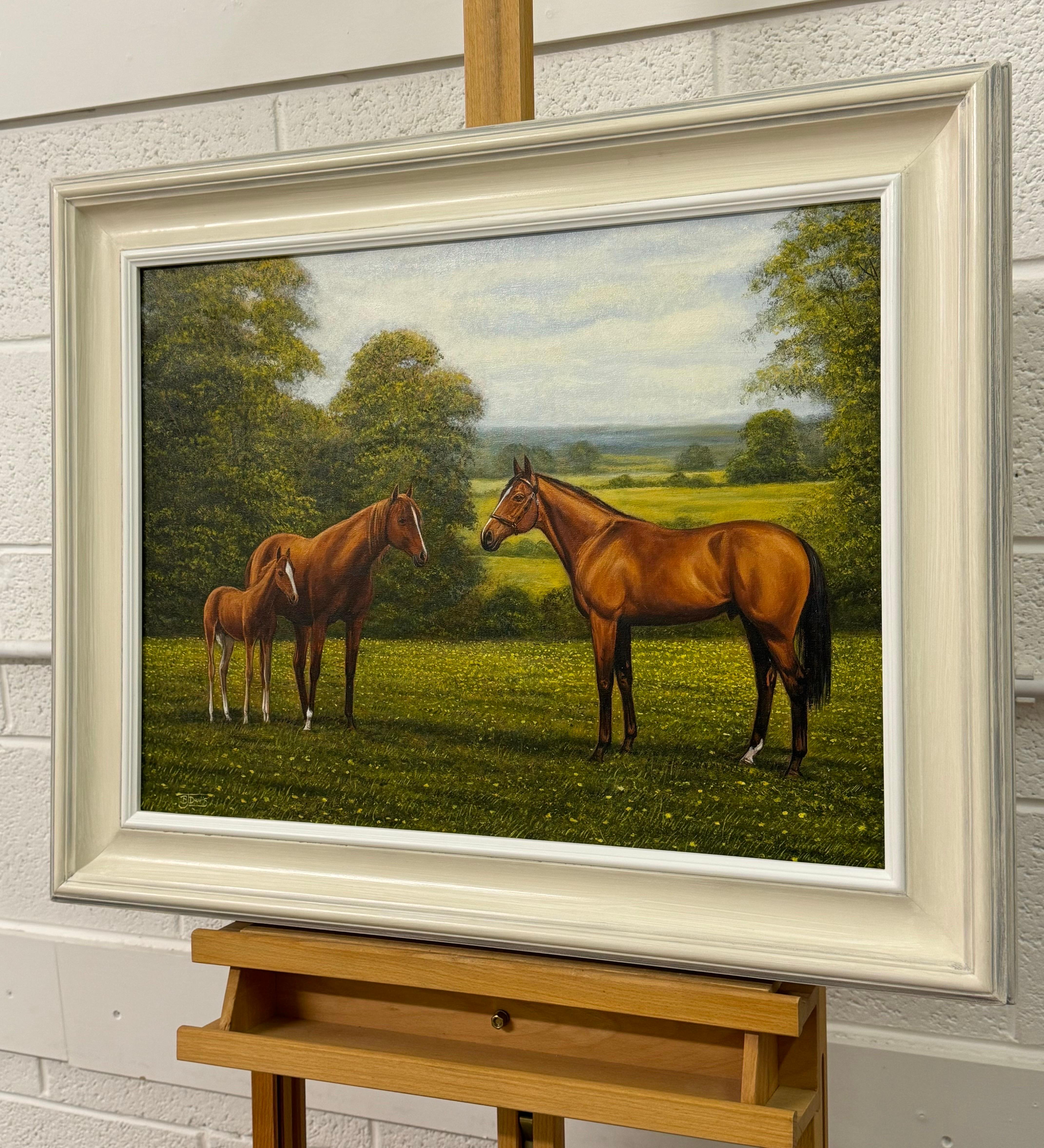 Pintura de caballos alazanes en un campo de Inglaterra por un artista ecuestre británico 6