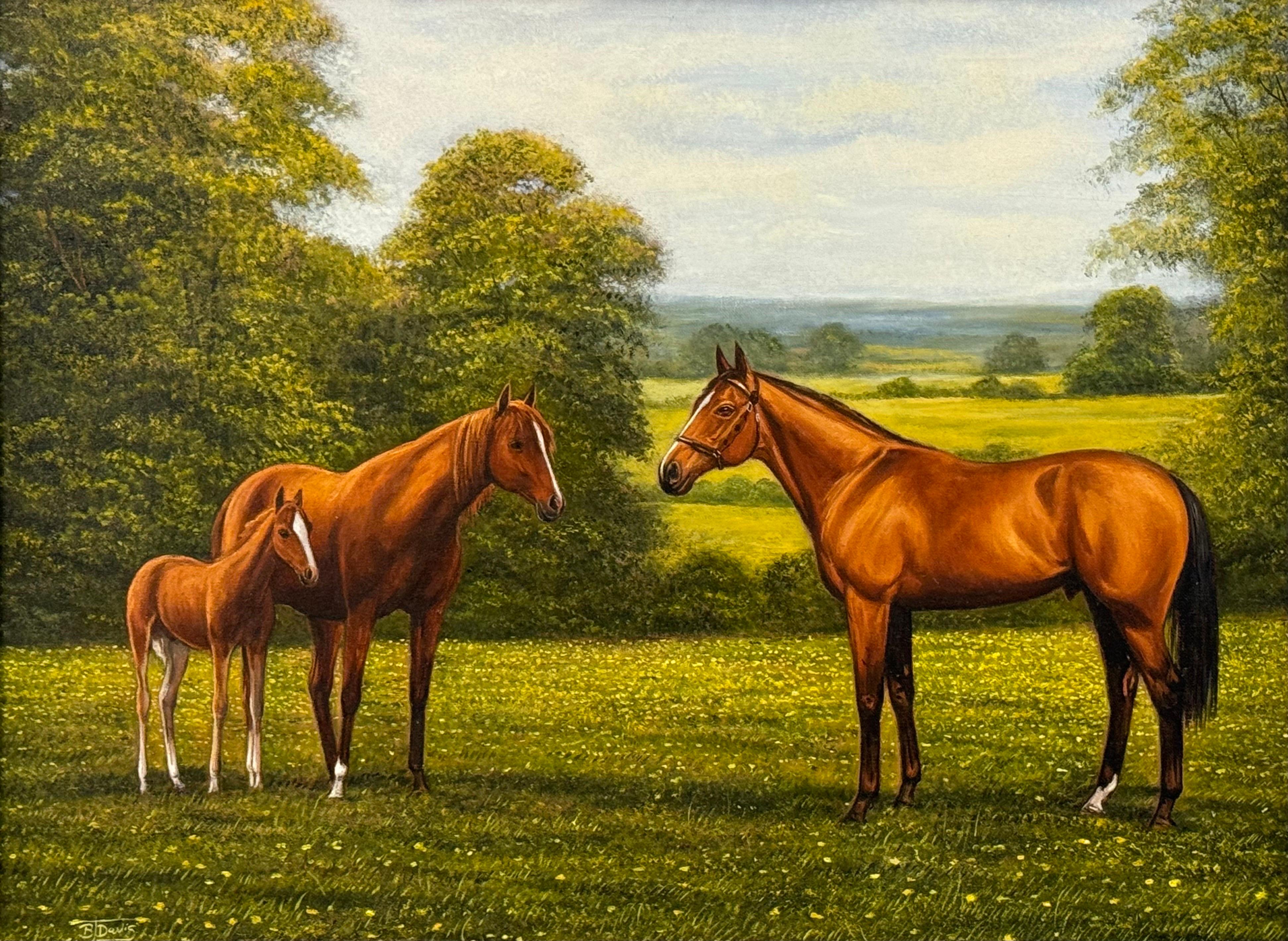 Pintura de caballos alazanes en un campo de Inglaterra por un artista ecuestre británico - Painting de Barry J Davis