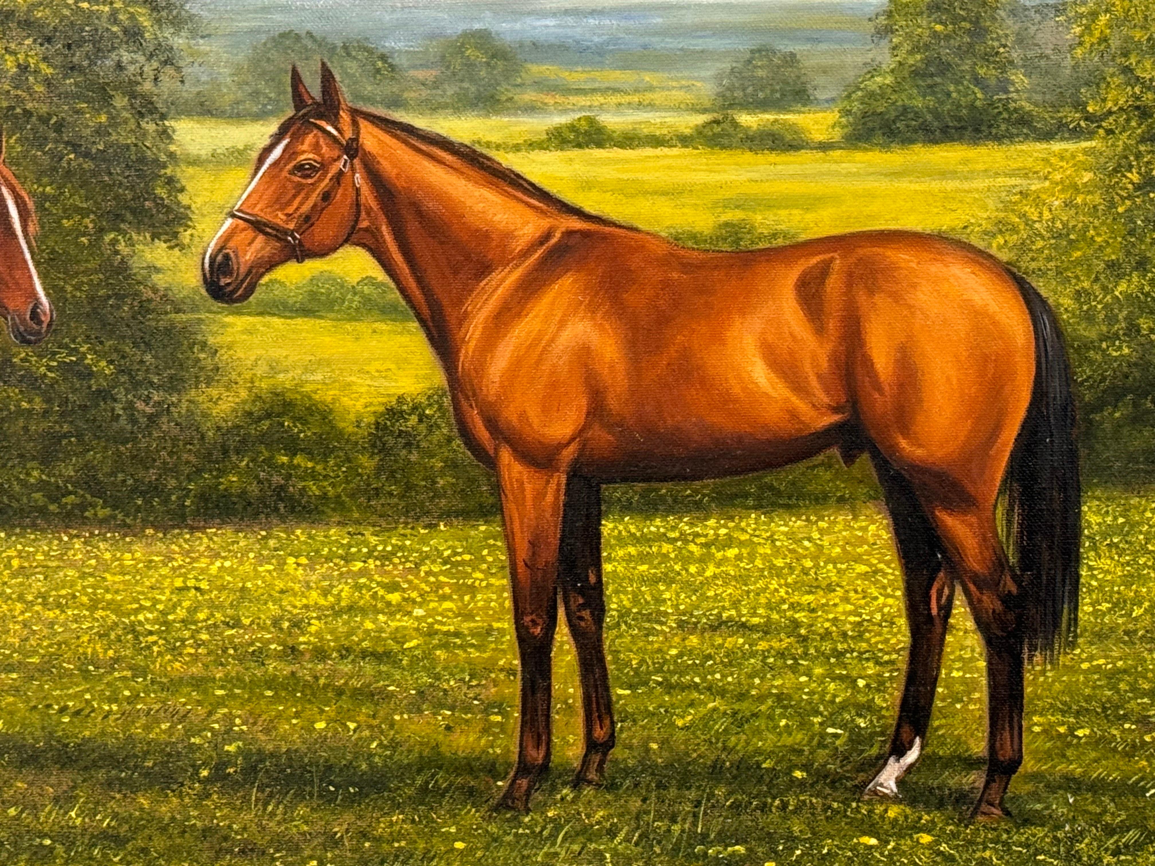 Pintura de caballos alazanes en un campo de Inglaterra, del artista ecuestre británico Barry J Davis. 

Medidas: 24 x 18 pulgadas 
El marco mide 30 x 24 pulgadas 

ste exquisito óleo capta una escena serena y atemporal de una yegua, su potro y un