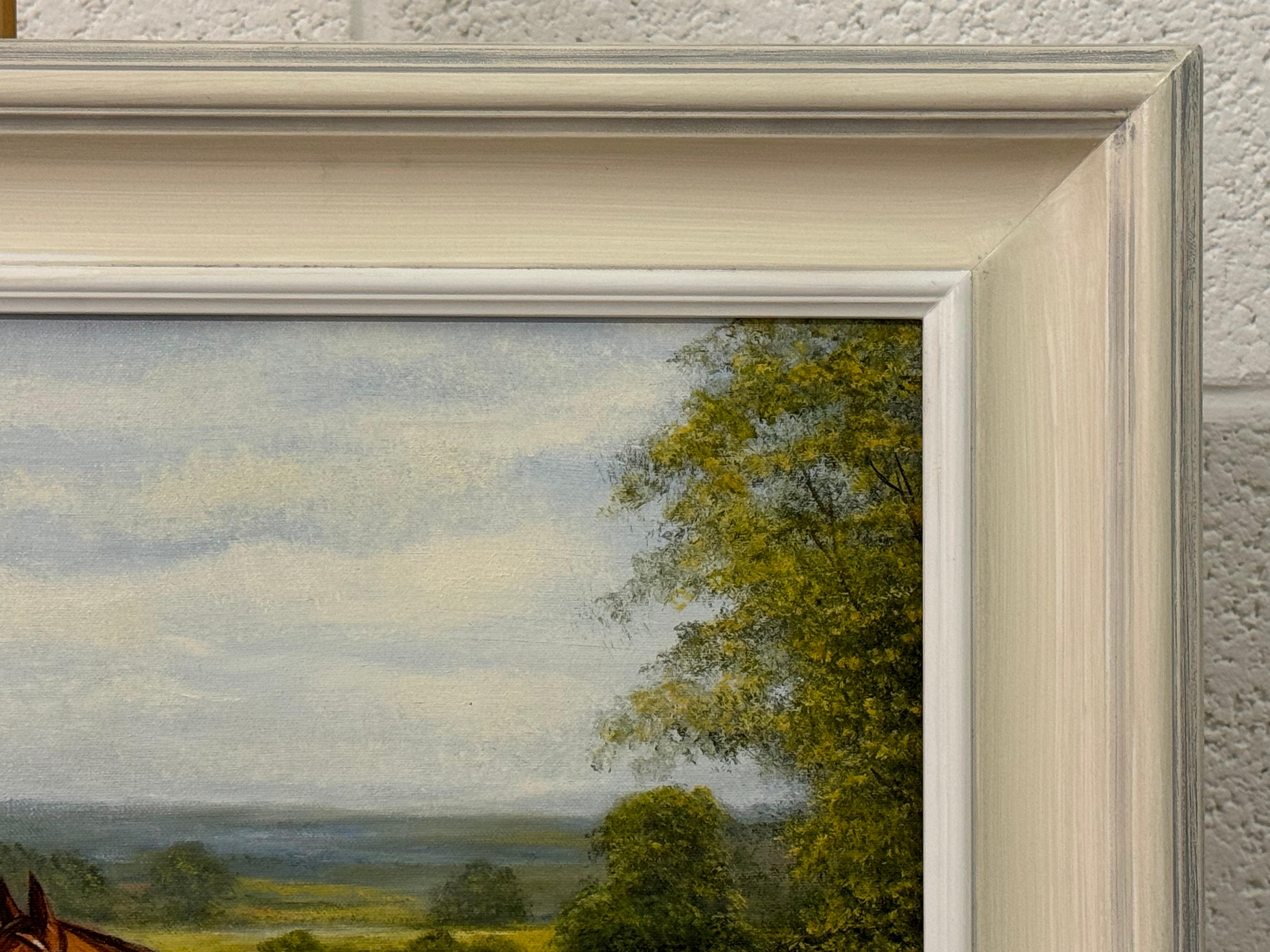 Pintura de caballos alazanes en un campo de Inglaterra por un artista ecuestre británico 3