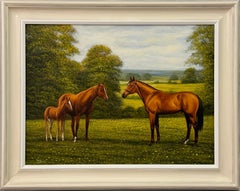 Painting of Chestnut Horses in a Field in England by British Equestrian Artist