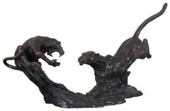 Barry Jackson Cast Bronze Baboon Leopard Cat Monkey Fighting Sculpture