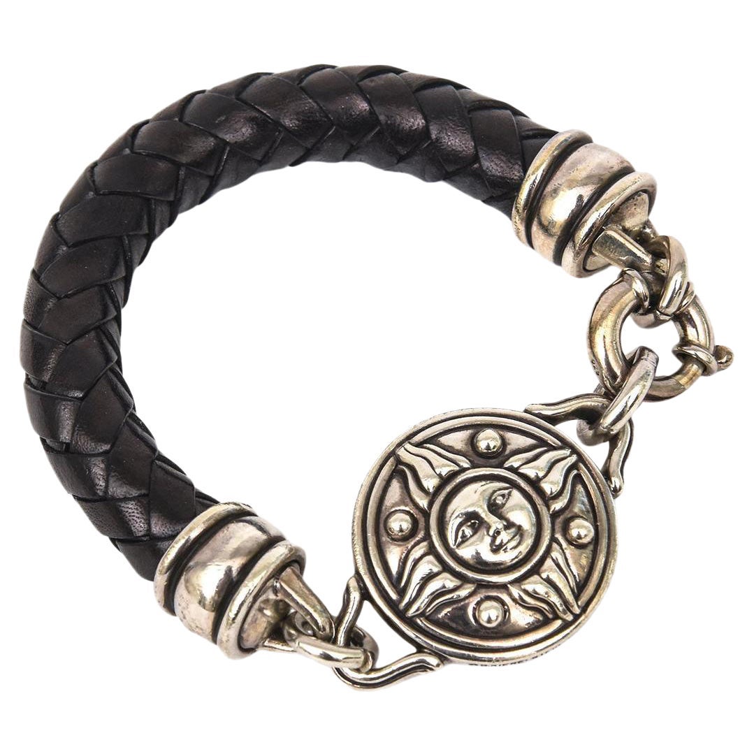 Barry Kielselstein Cord Signed Sterling Silver, Black Leather Sun Motif Bracelet