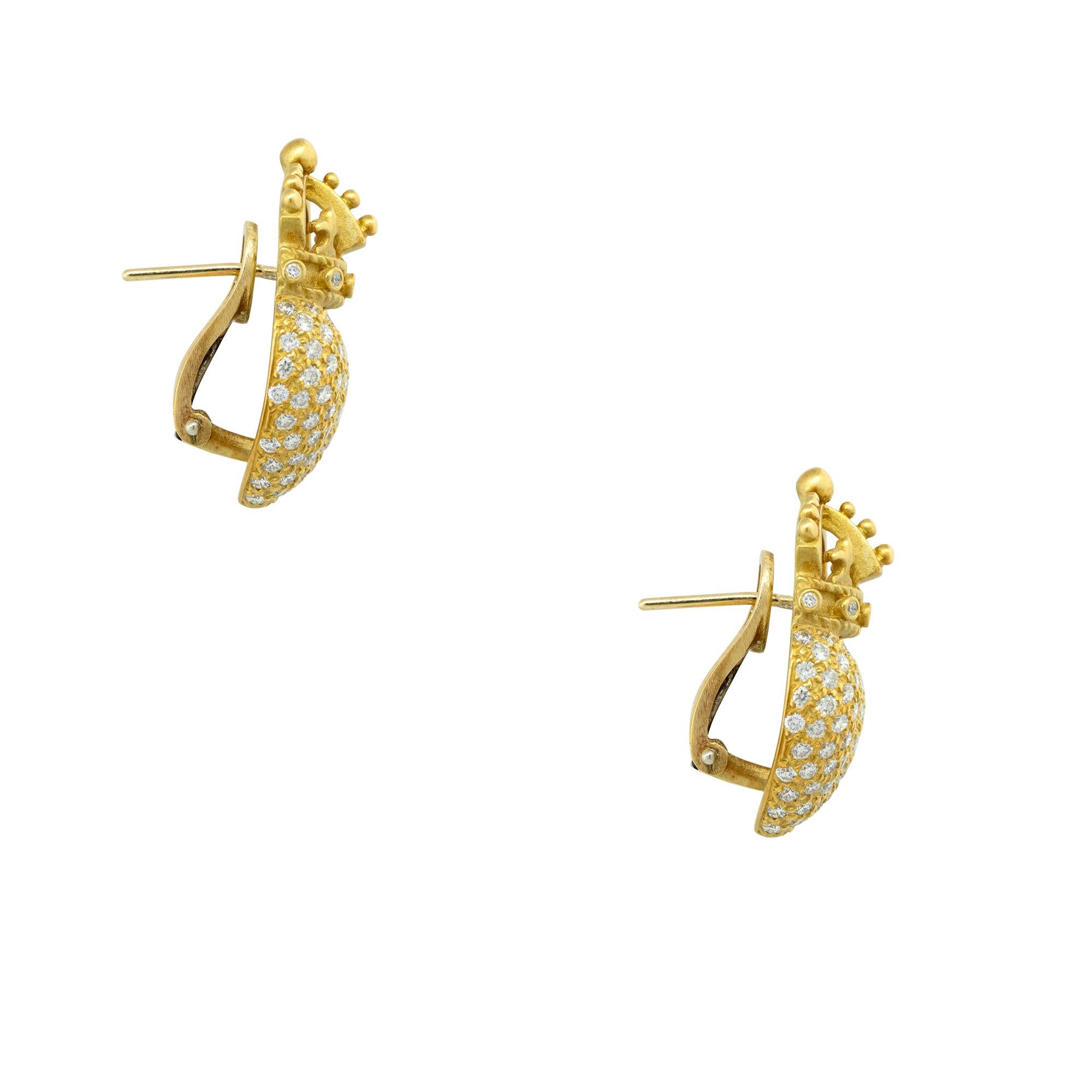 Round Cut Barry Kieselstein 2 carat Pave Diamond Crown Heart Earrings 18 Karat In Stock
