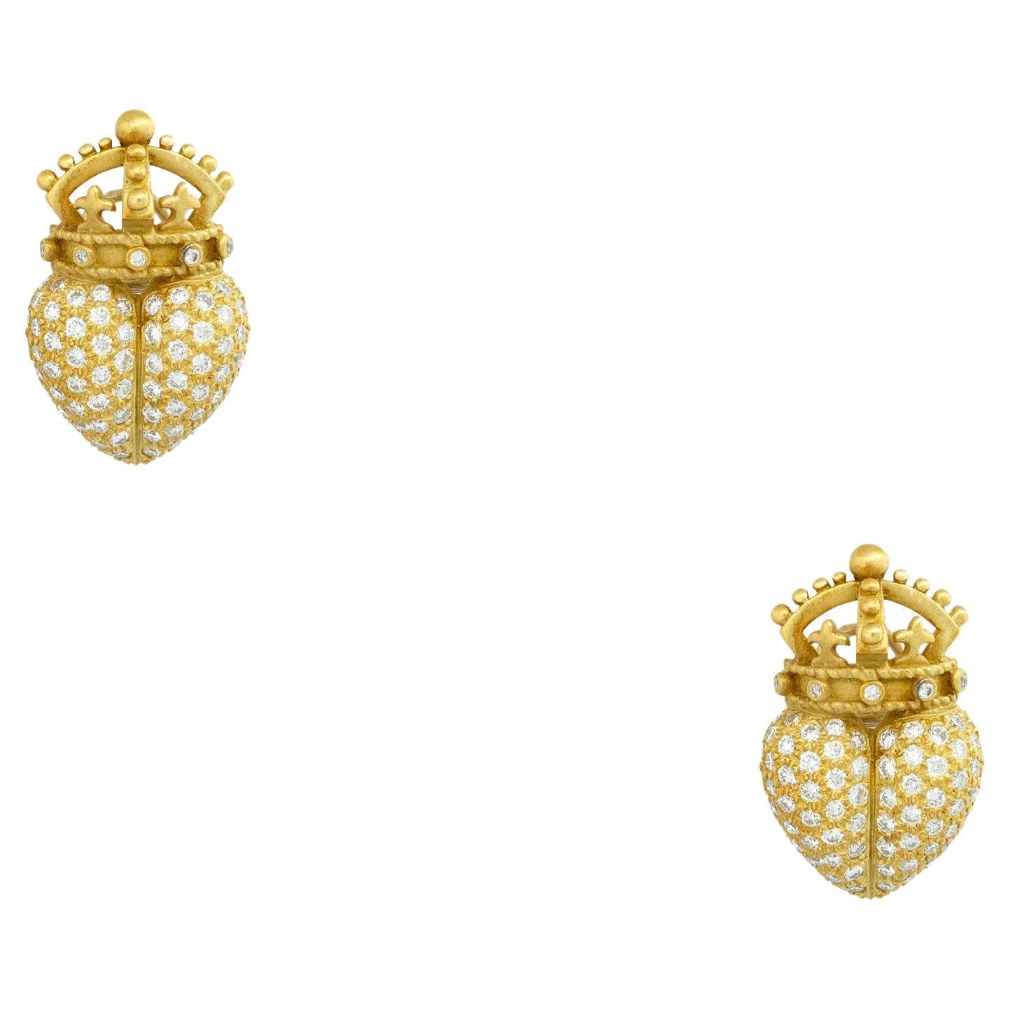 Barry Kieselstein 2 carat Pave Diamond Crown Heart Earrings 18 Karat In Stock For Sale