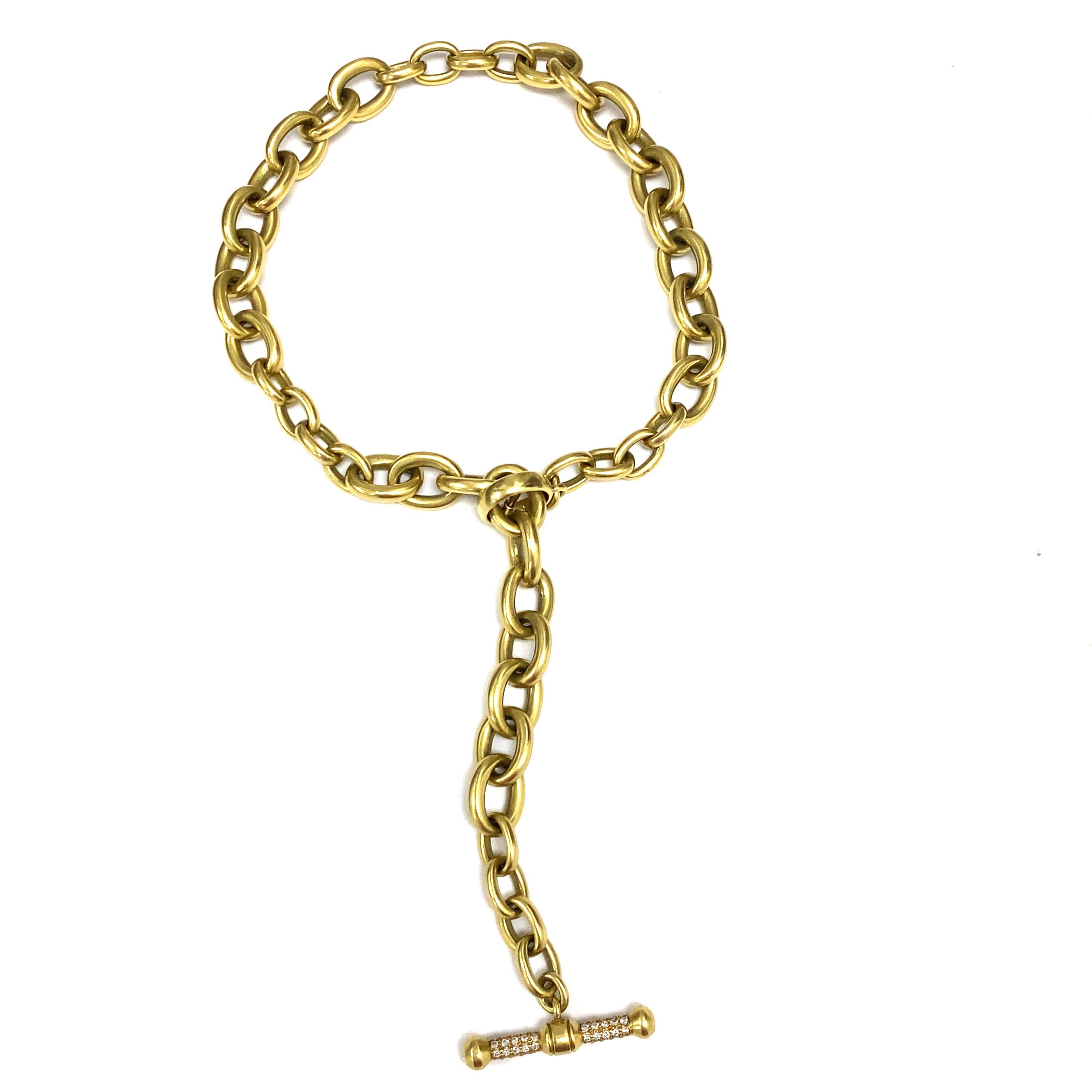 Barry Kieselstein Cord Chain Necklace Diamond Toggle in 18K Yellow Gold.  Round Brilliant Cut Diamonds weighing 0.70 carat total weight, F-G in color and VS in clarity are expertly set.  The Necklace measures 17 1/2 inch in length and 1/2 inch in