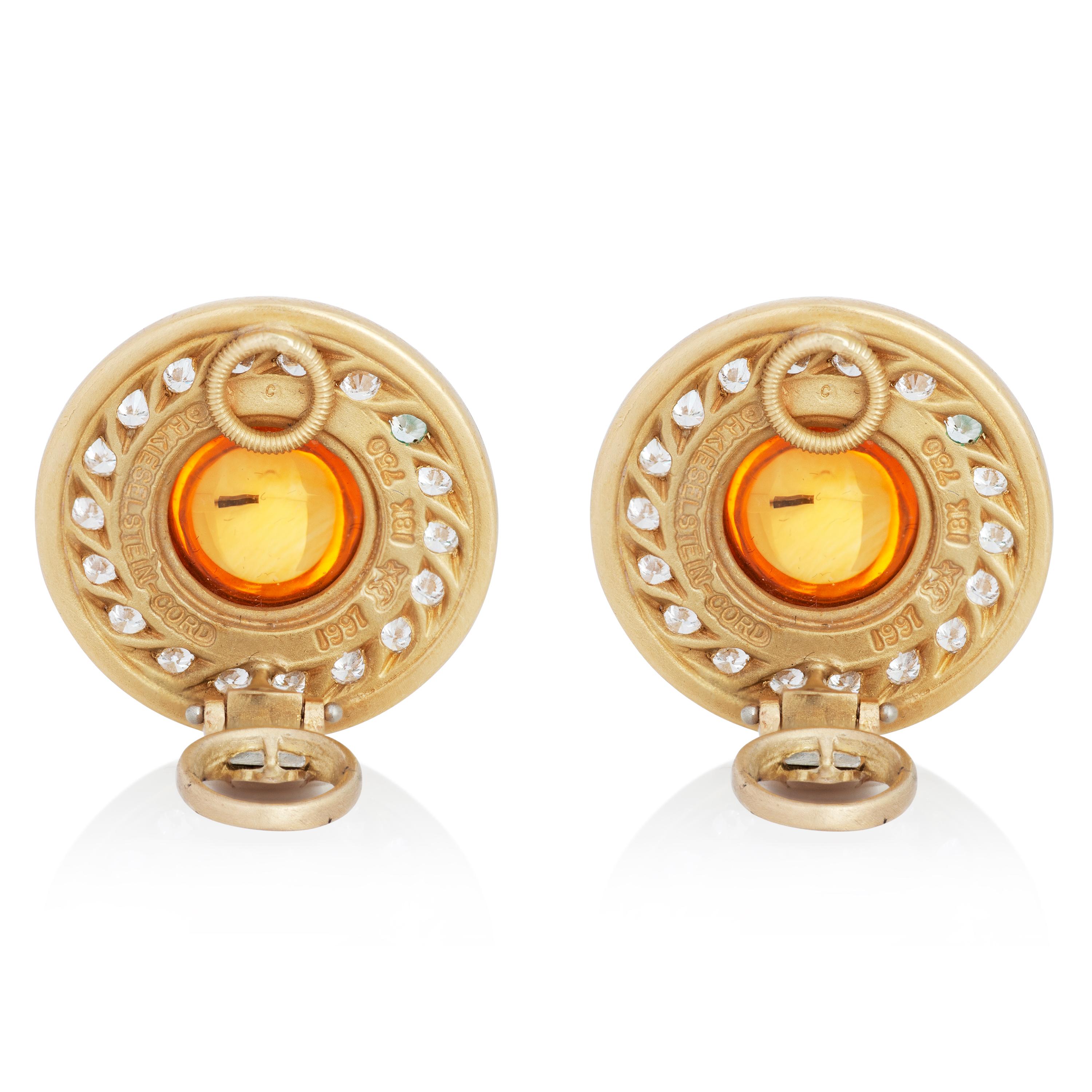 Barry Kieselstein-Cord Cabochon Citrine and Diamond Ear Clips in 18k Yellow Gold In Good Condition For Sale In Philadelphia, PA