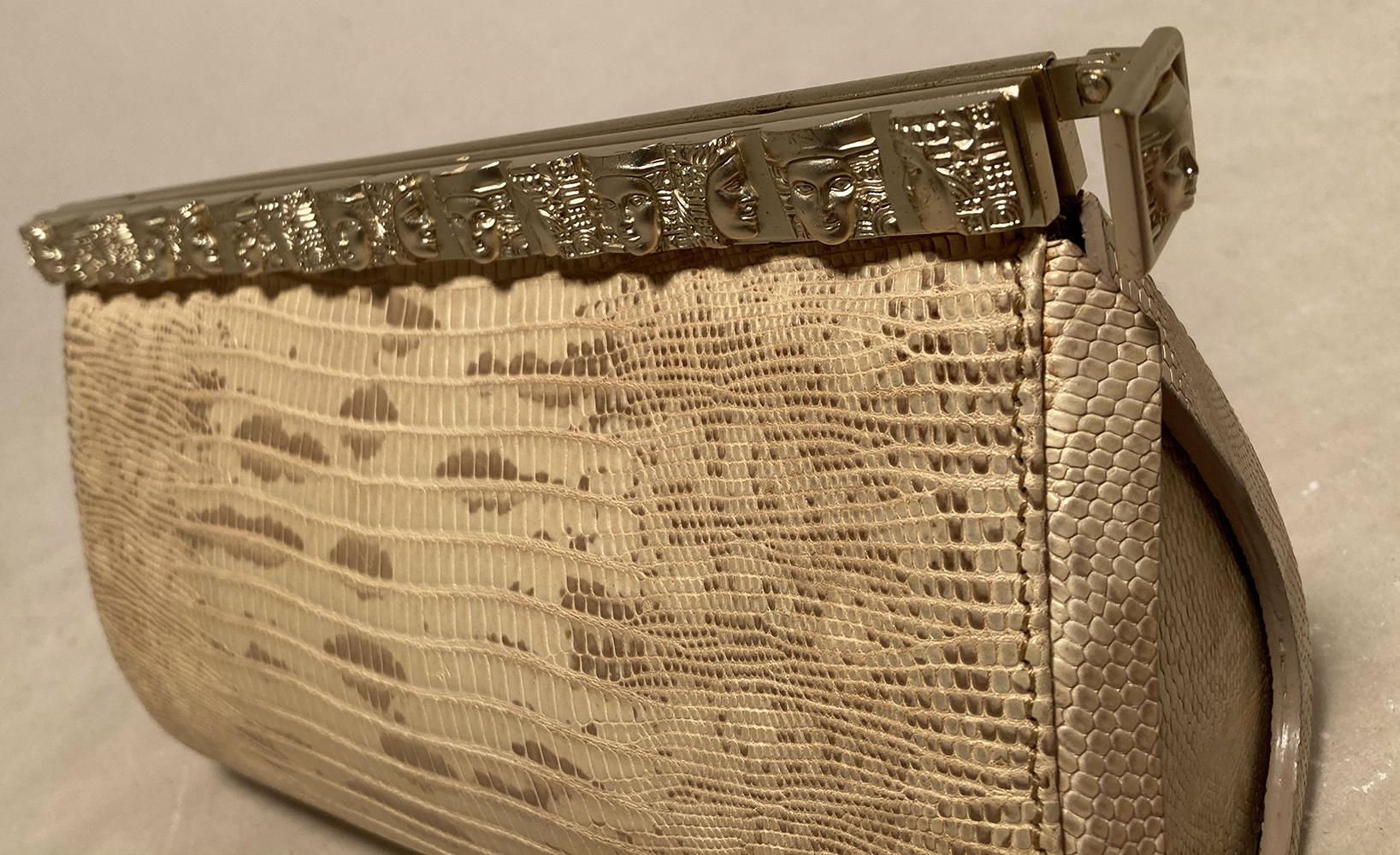 Barry Kieselstein Cord Beige Gold Lizard Egyptian Goddess Clutch In Excellent Condition For Sale In Philadelphia, PA